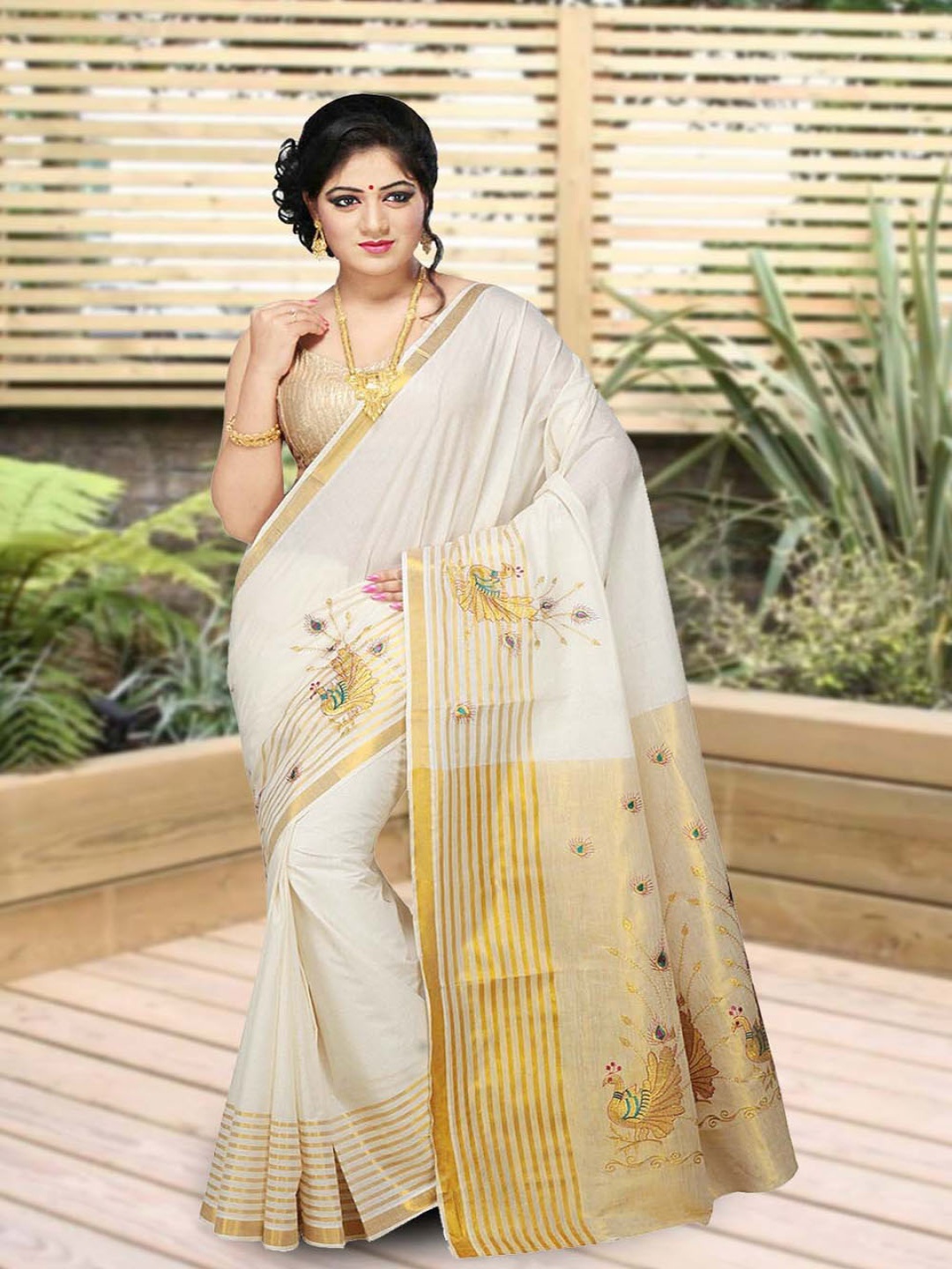 

Rst R Selvamani Tex Woven Design Ethnic Motifs Zari Pure Cotton Kasavu Saree, Off white