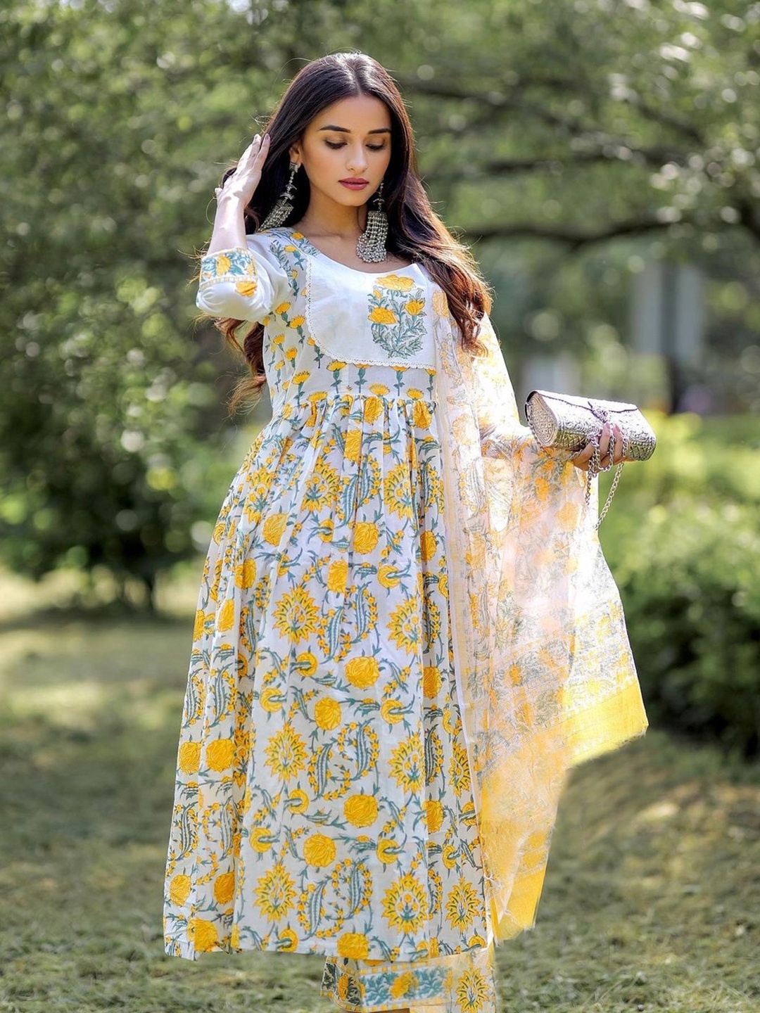 

7Threads Ethnic Motifs Printed Regular Anarkali Kurta with Trousers & Dupatta, Yellow