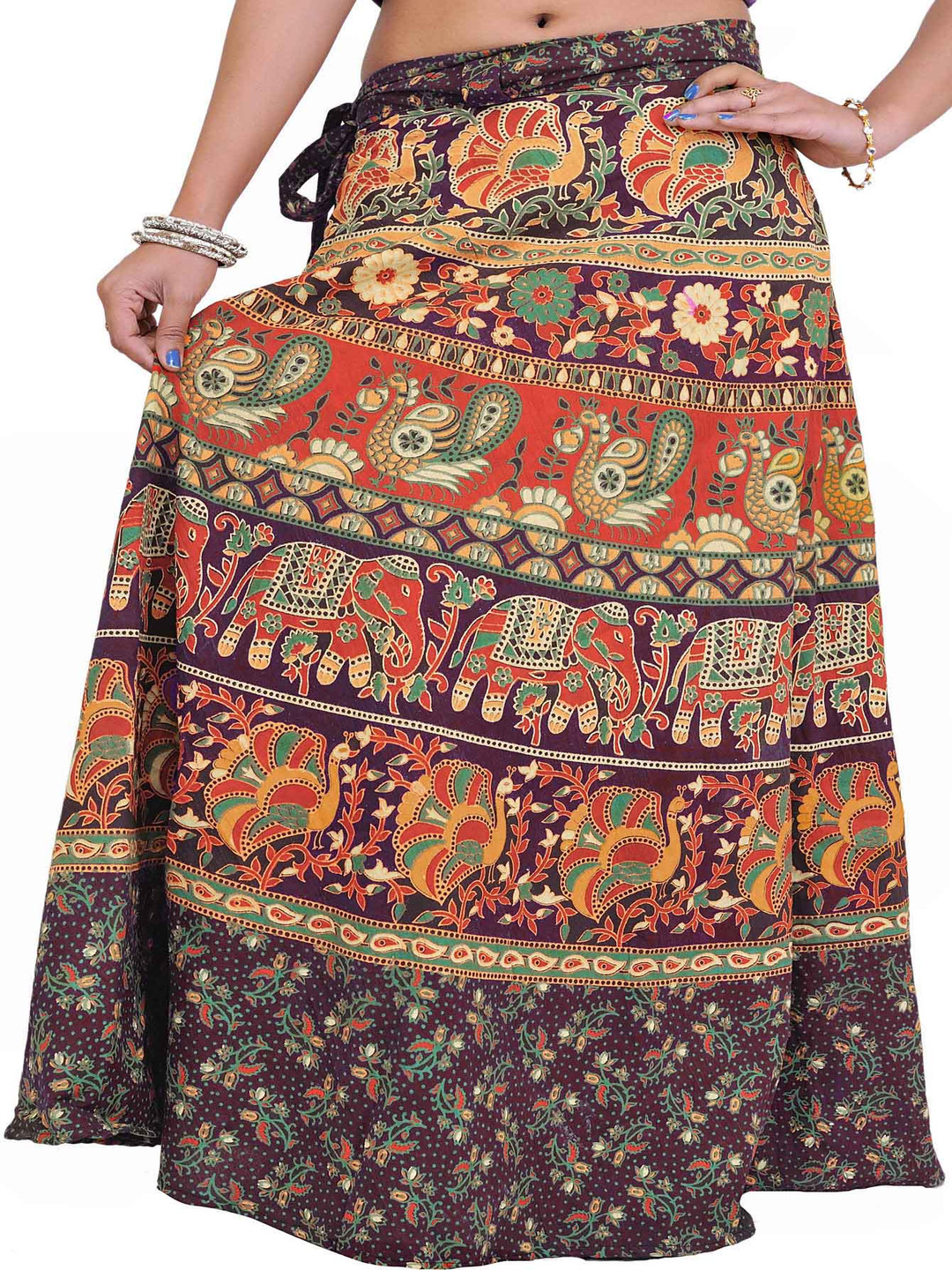 

Exotic India Women Animal Printed Cotton Flared Maxi Skirt, Purple