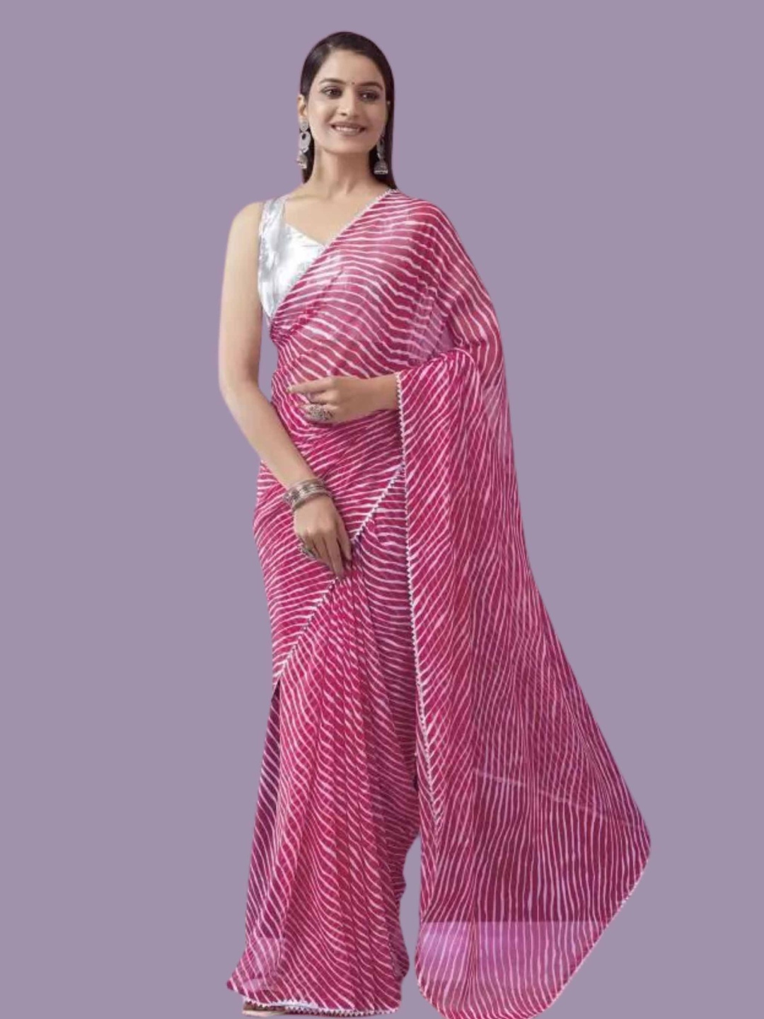 

MAGMINA Leheriya Gotta Patti Poly Georgette Leheriya Saree, Pink