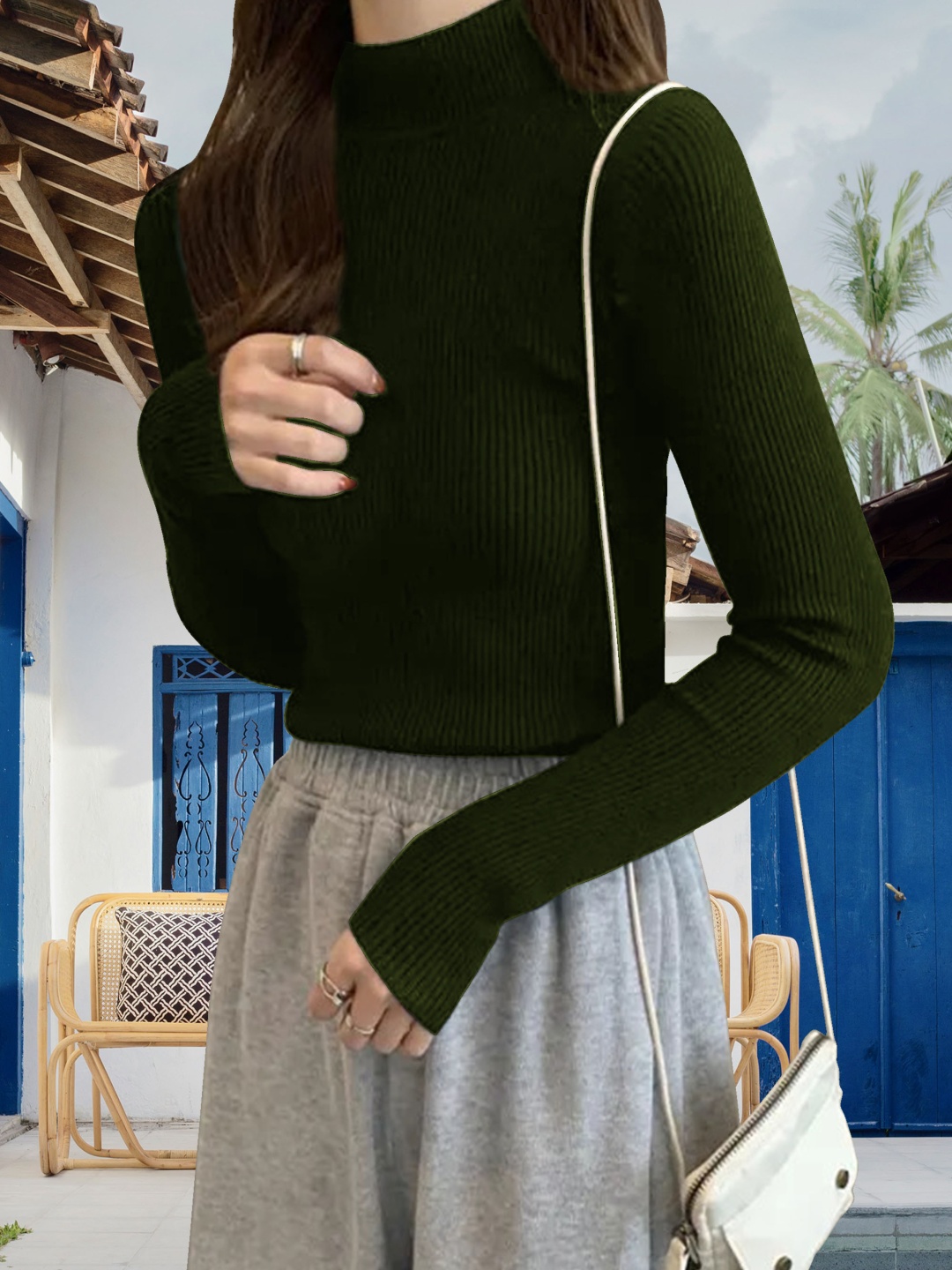 

MISS AYSE Women Cotton Green Long Sleeves High Neck Top