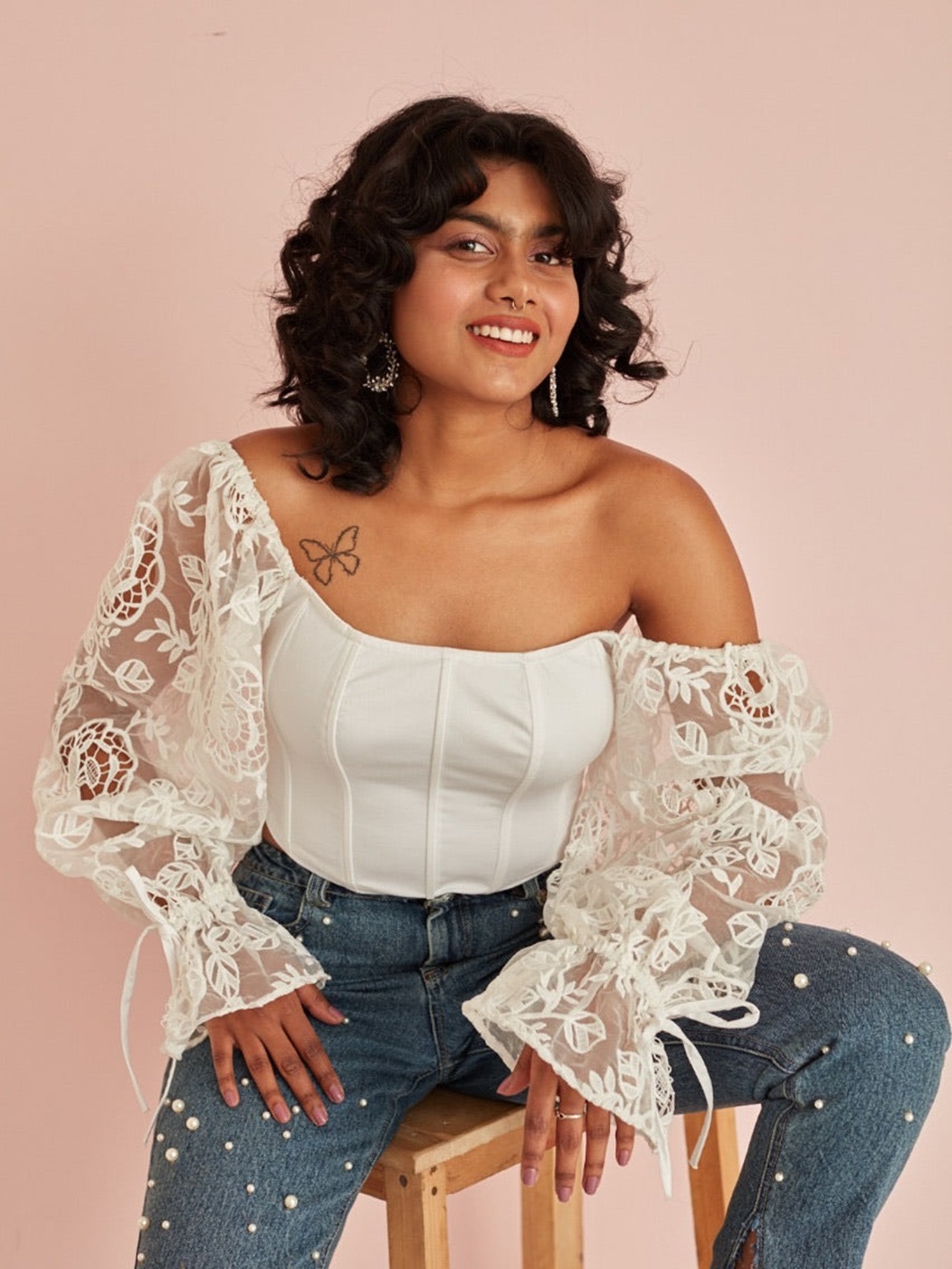 

Lea Clothing Co. Floral Embroidered Off-Shoulder Puff Sleeves Corset Crop Top, White