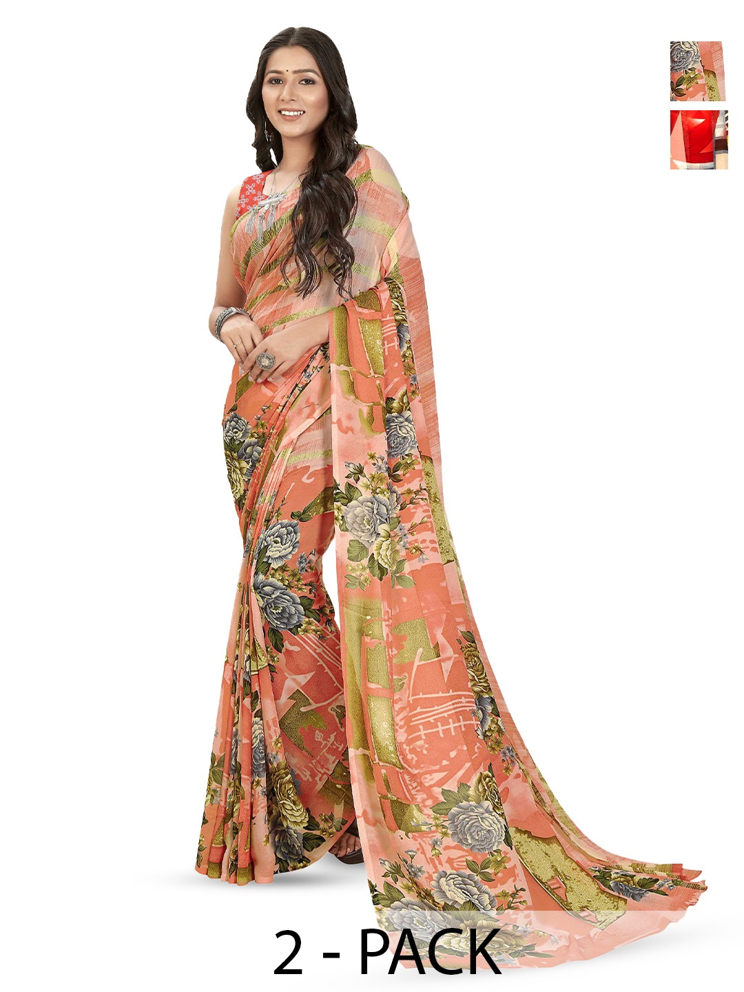 

ANAND SAREES Pack of-2 Floral Printed Saree, Peach