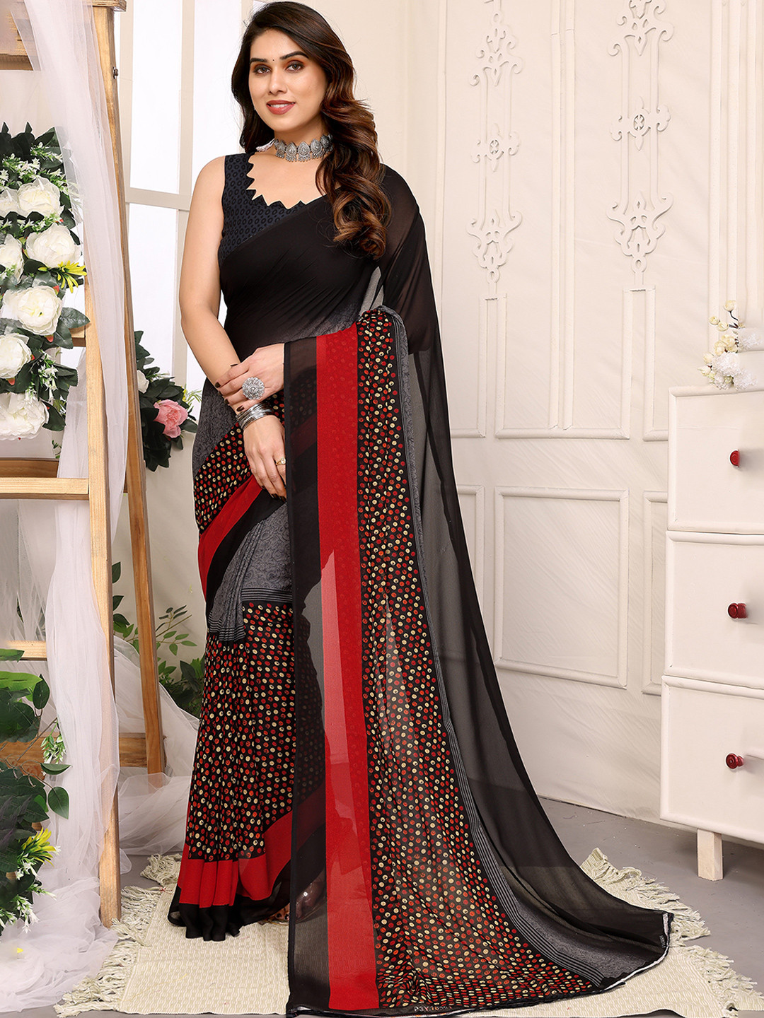 

Moda Rapido Floral Poly Georgette Saree, Black