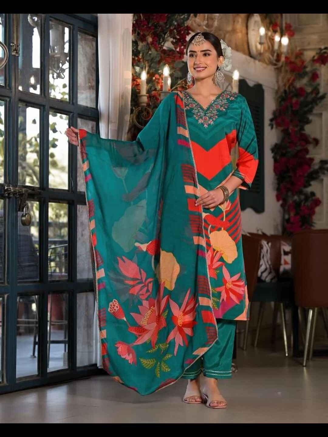 

KALINI Floral Printed V-Neck Three-Quarter Sleeves Sequinned Kurta Set, Teal