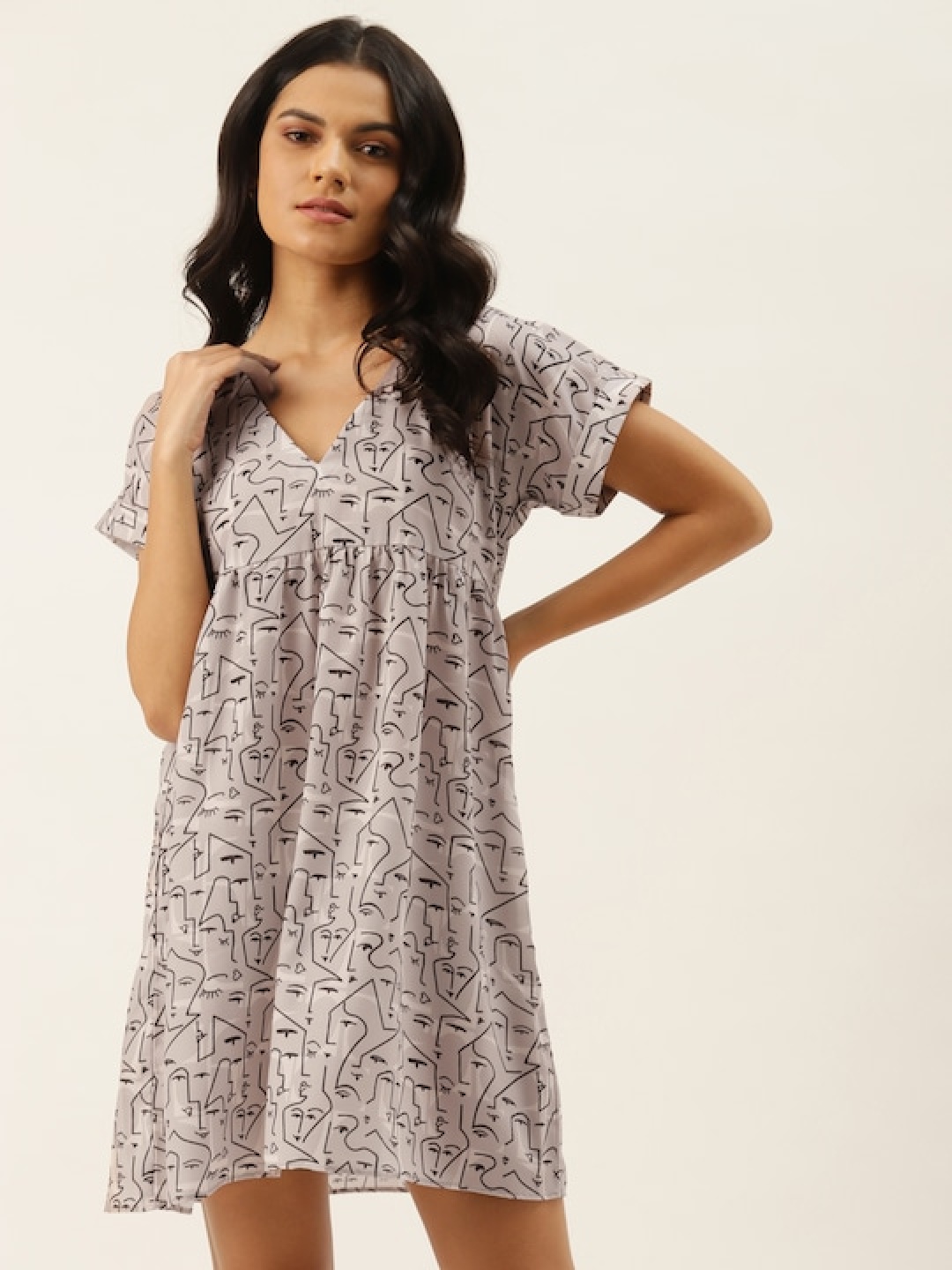 

MELOSO V-Neck Printed A-Line Dress, Grey