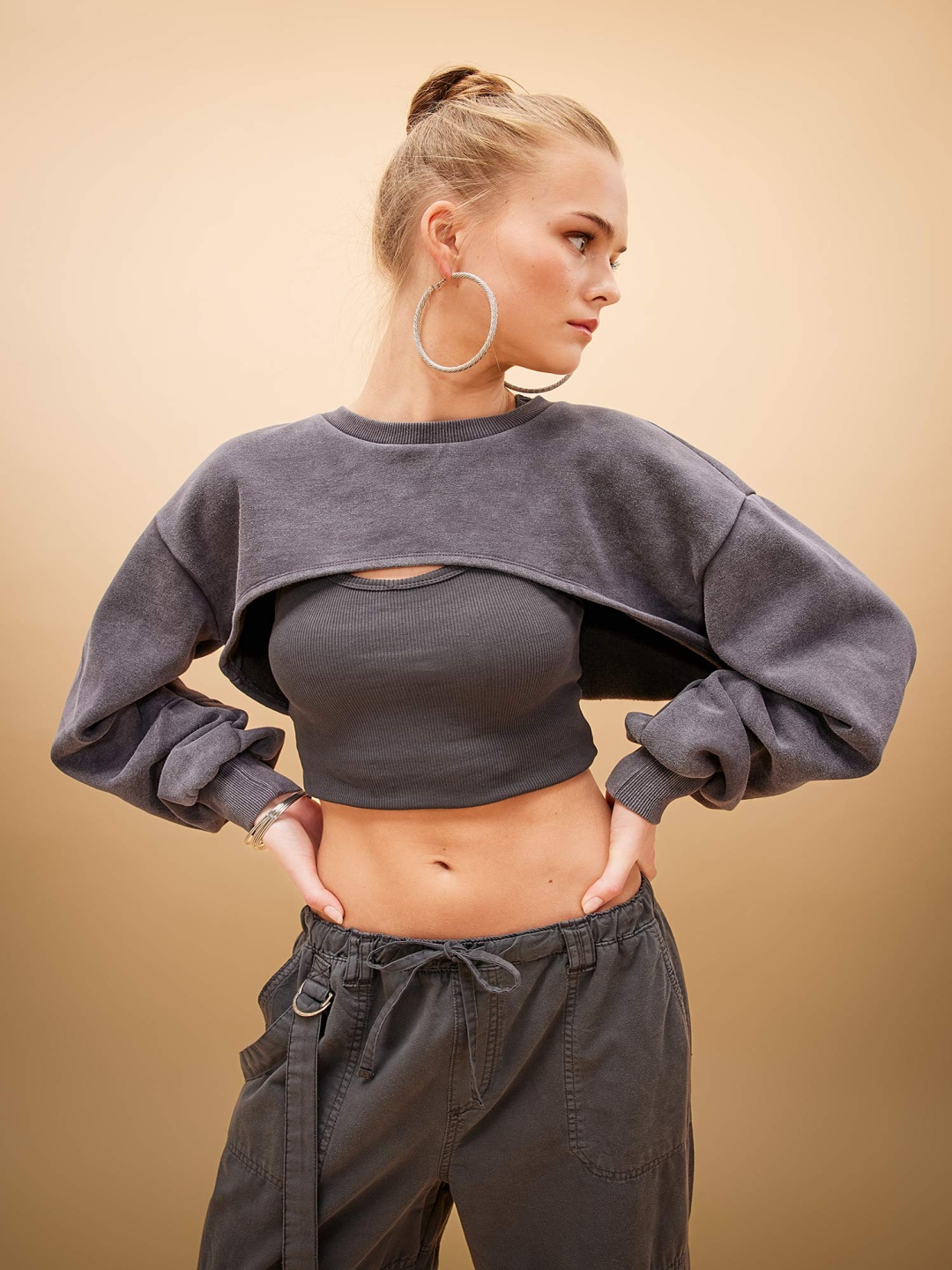 

DeFacto Crop Pullover Sweatshirt, Grey