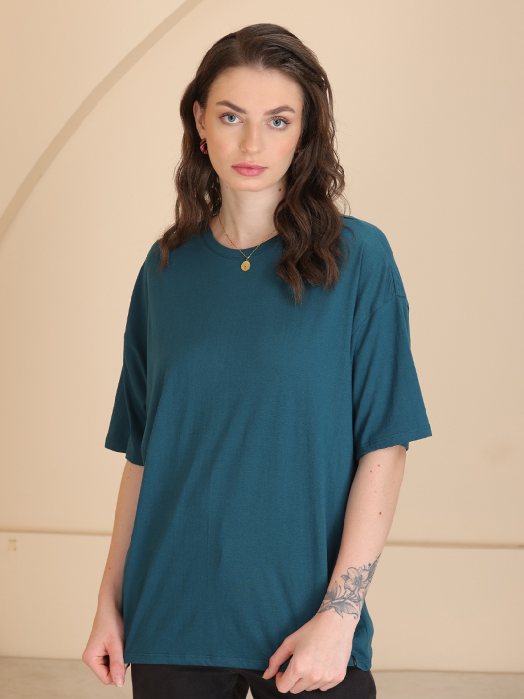 

TITTLI Women Extended Sleeves Pure Cotton Pockets Boxy T-shirt, Violet