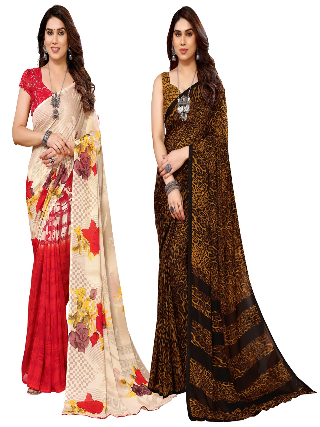 

ANAND SAREES Selection Of 2 Floral Printed Sarees, Brown