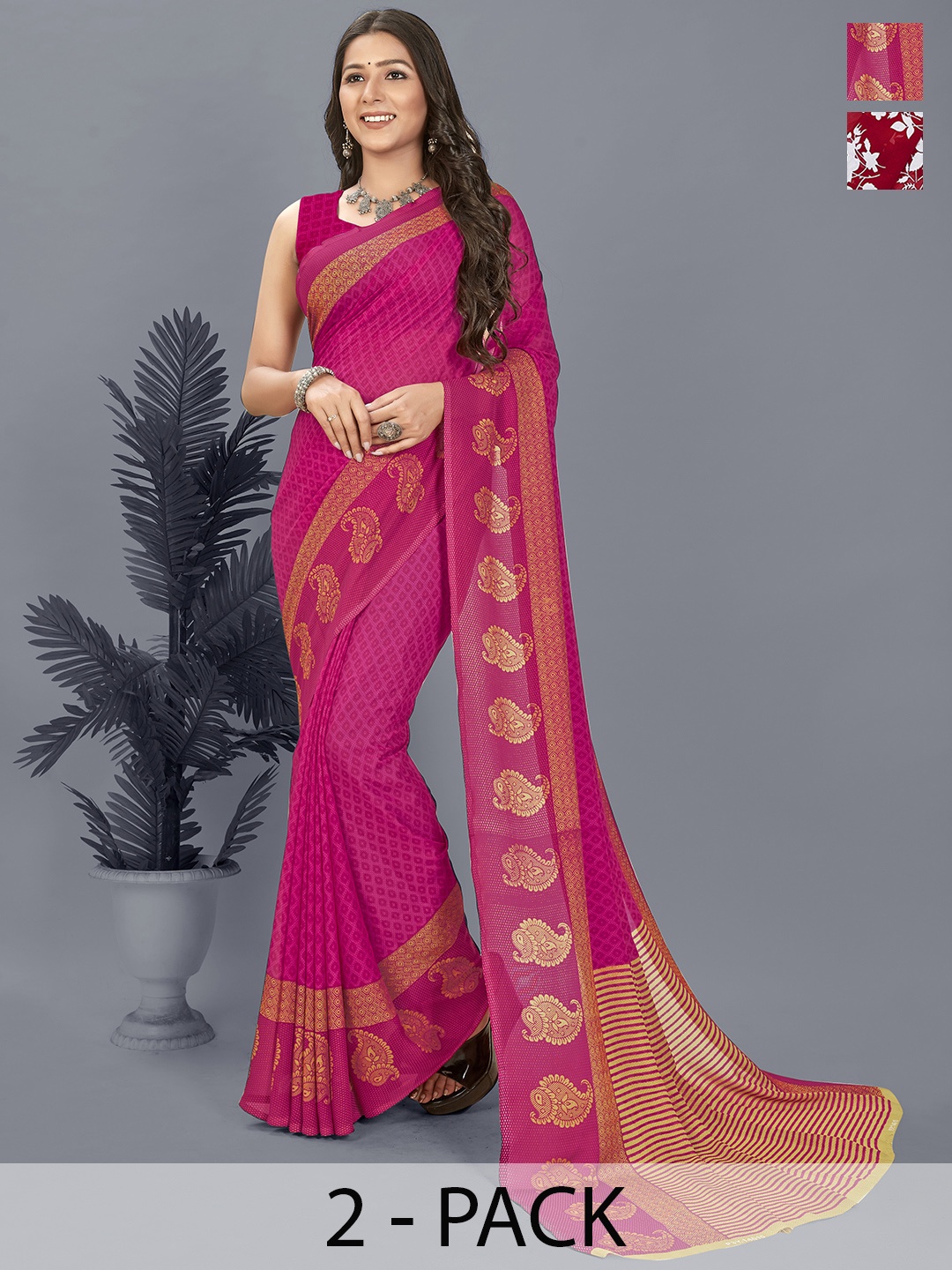 

ANAND SAREES Selection of 2 Floral Printed Saree, Pink