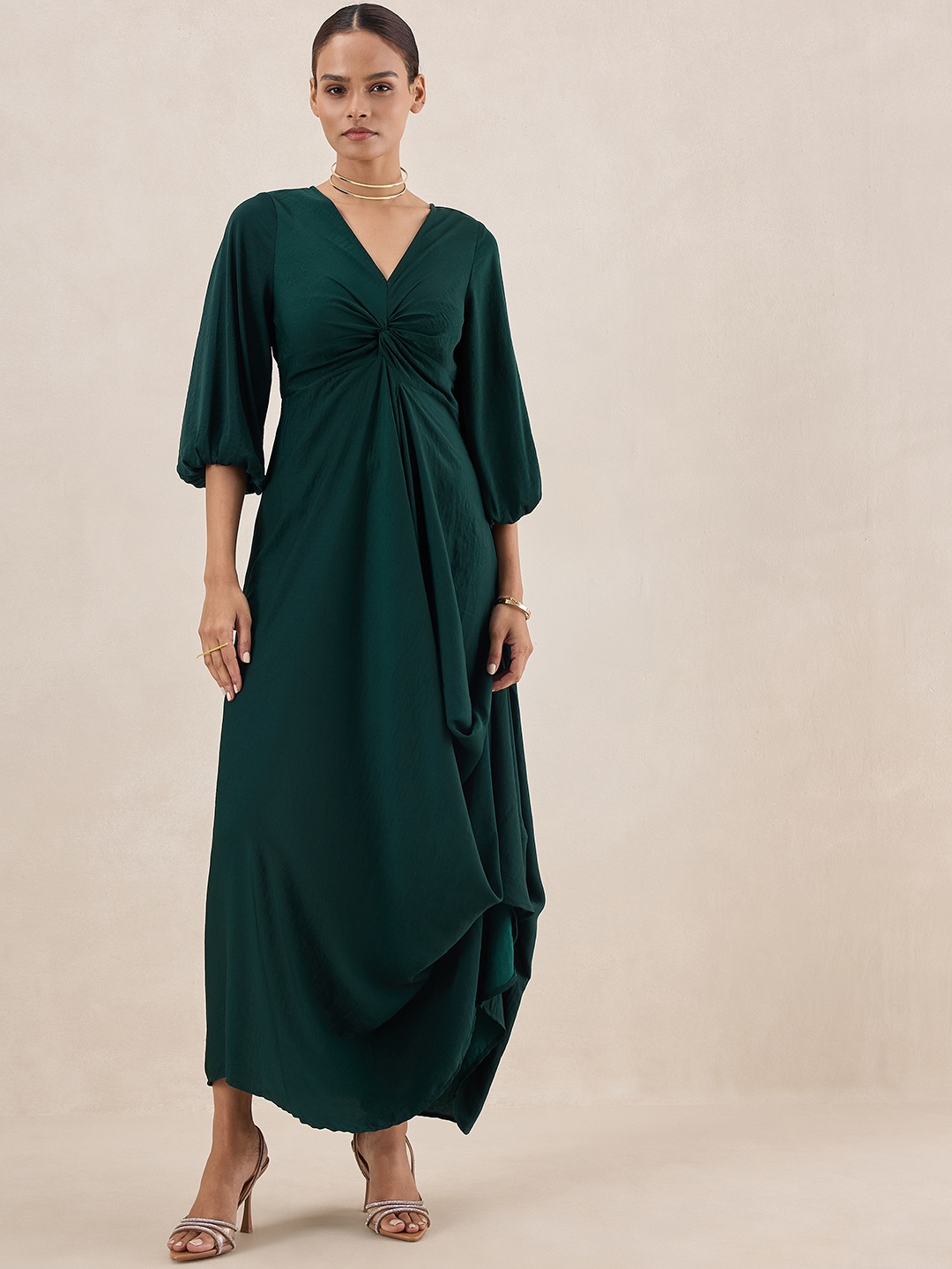 

FEMMELLA Front Twisted Puff Sleeves Satin Maxi ress, Green