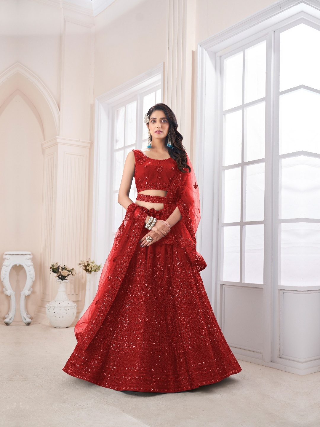 

Fusionic Embroidered Beads and Stones Net Semi-Stitched Lehenga & Blouse With Dupatta, Red