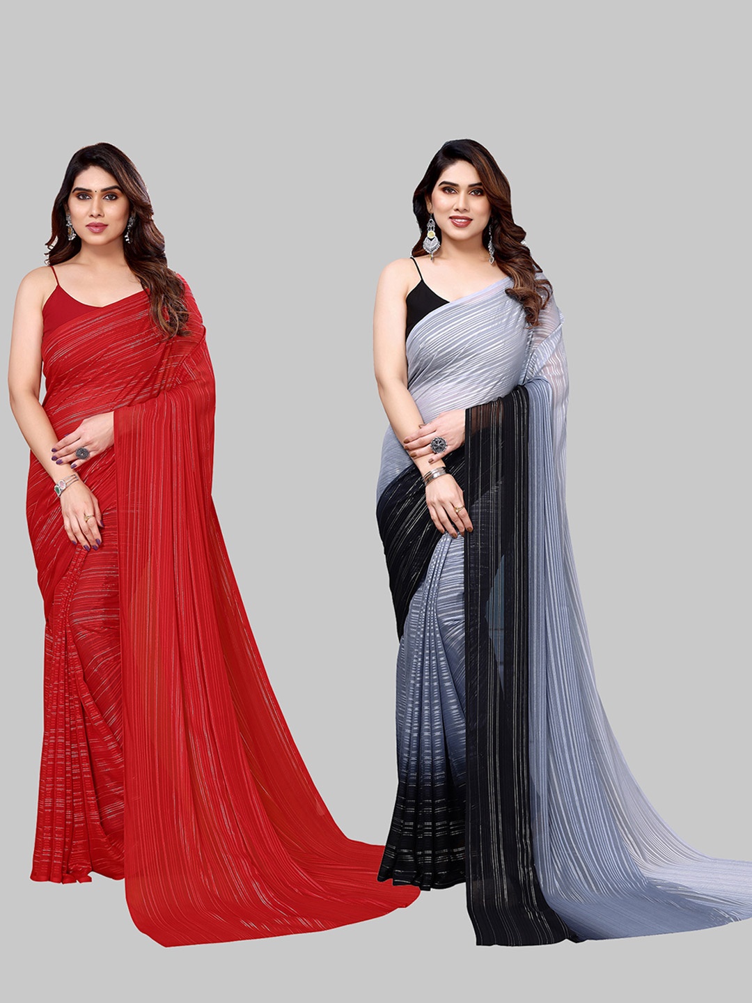 

ANAND SAREES Striped Satin Saree, Red