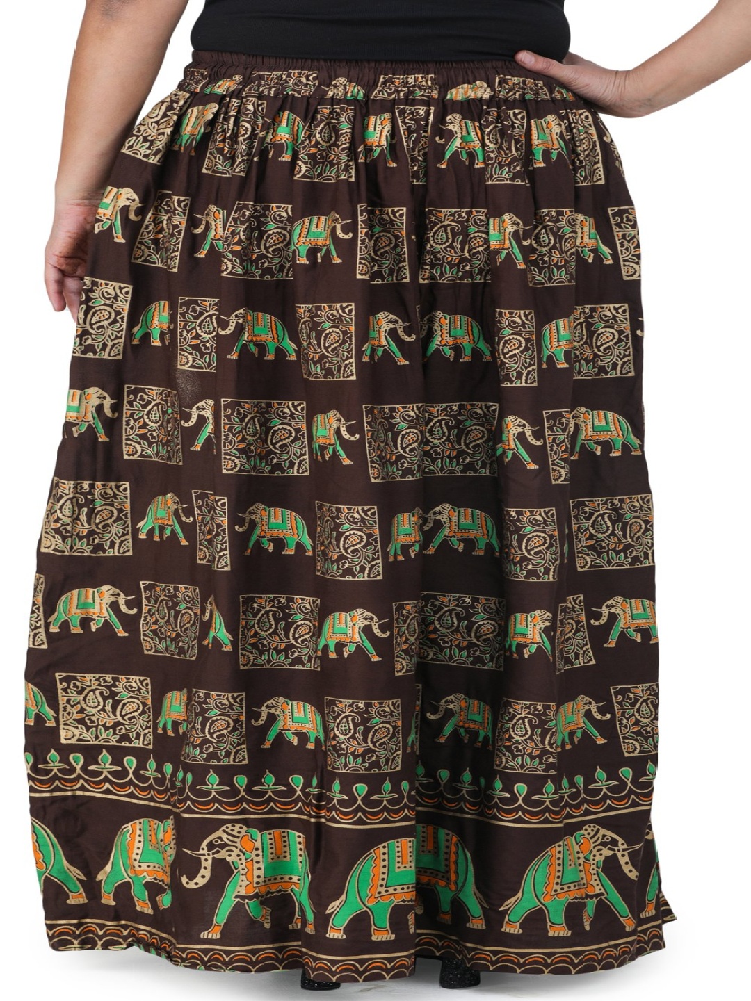 

Exotic India Ethnic Motifs Printed A-Line Maxi Skirt, Brown
