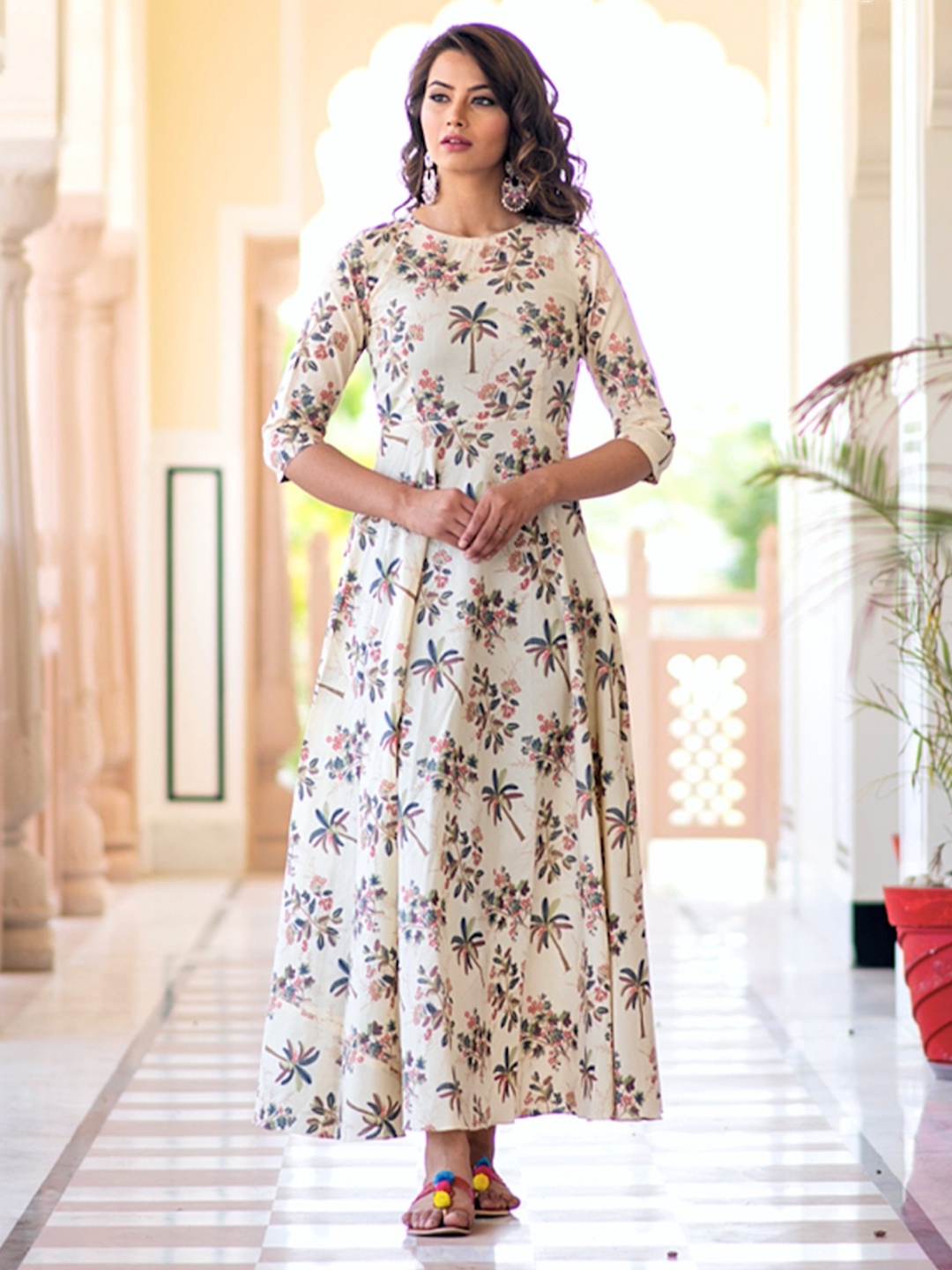 

ODETTE Women Floral Printed Keyhole Neck Anarkali Kurta, Cream
