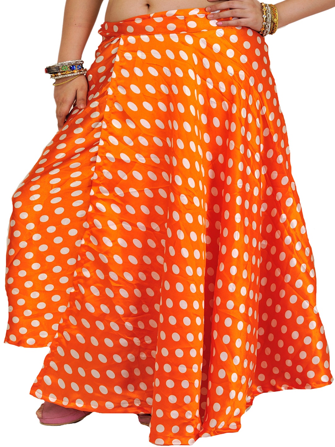 

Exotic India Polka Printed Dots Wrap-Around Skirt, Orange