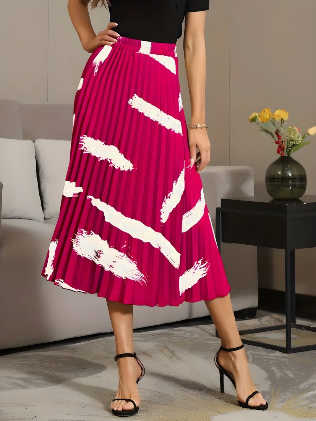 

OTABU Women Printed Accordion Pleated A-Line Midi Skirt, Pink