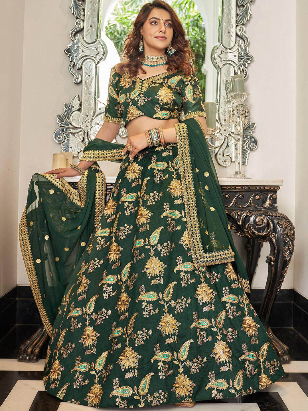 

FABPIXEL Embroidered Semi-Stitched Lehenga & Unstitched Blouse With Dupatta, Green