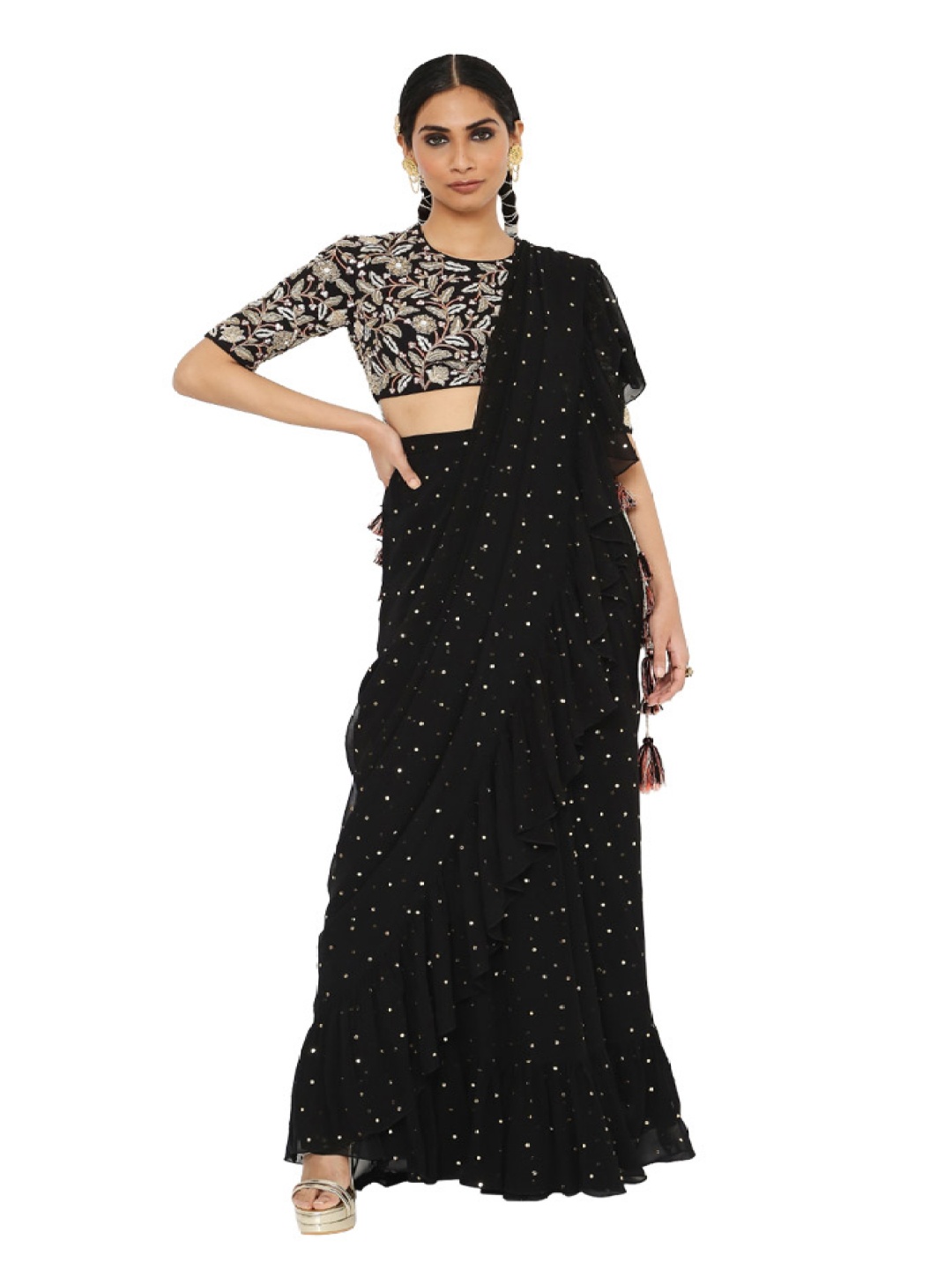 

Payal Singhal Almas Polka Dots Embellished Ruffles Saree, Black