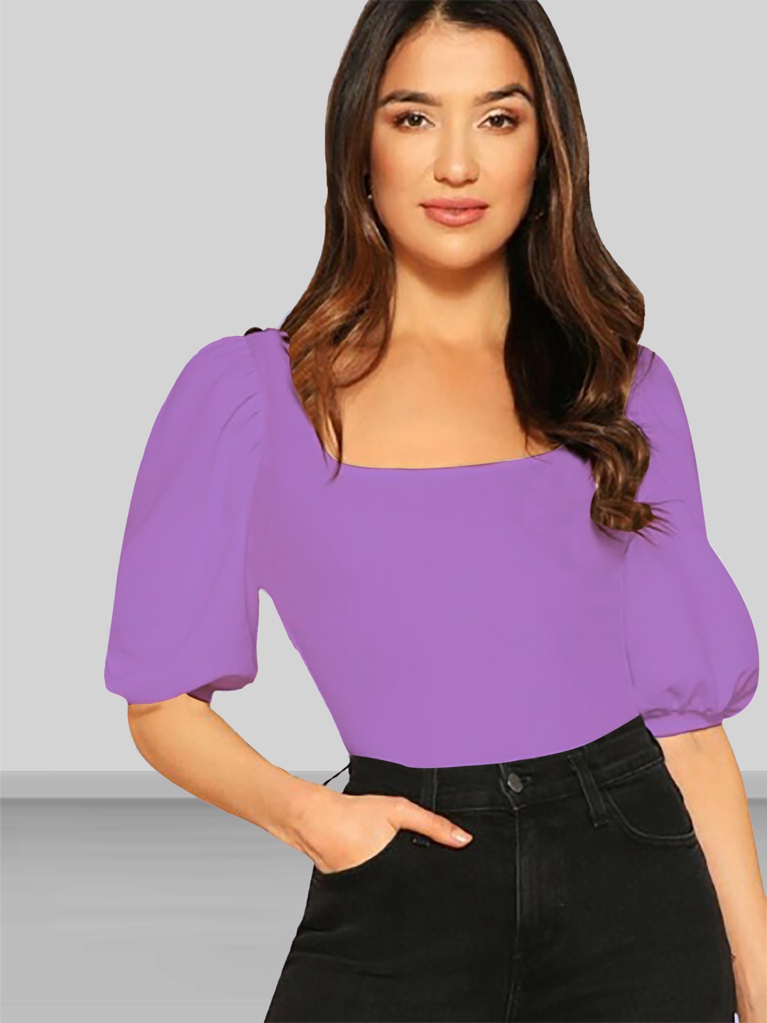 

Dream Beauty Fashion Square Neck Short Puff Sleeve Top, Lavender