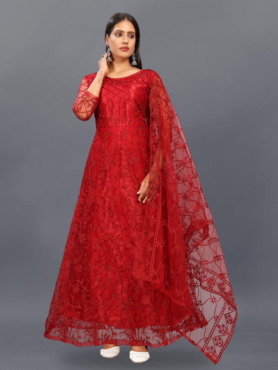 

JULEE Women Ethnic Motifs Embroidered Cape Sleeve Net Fit & Flare Maxi Dress, Red