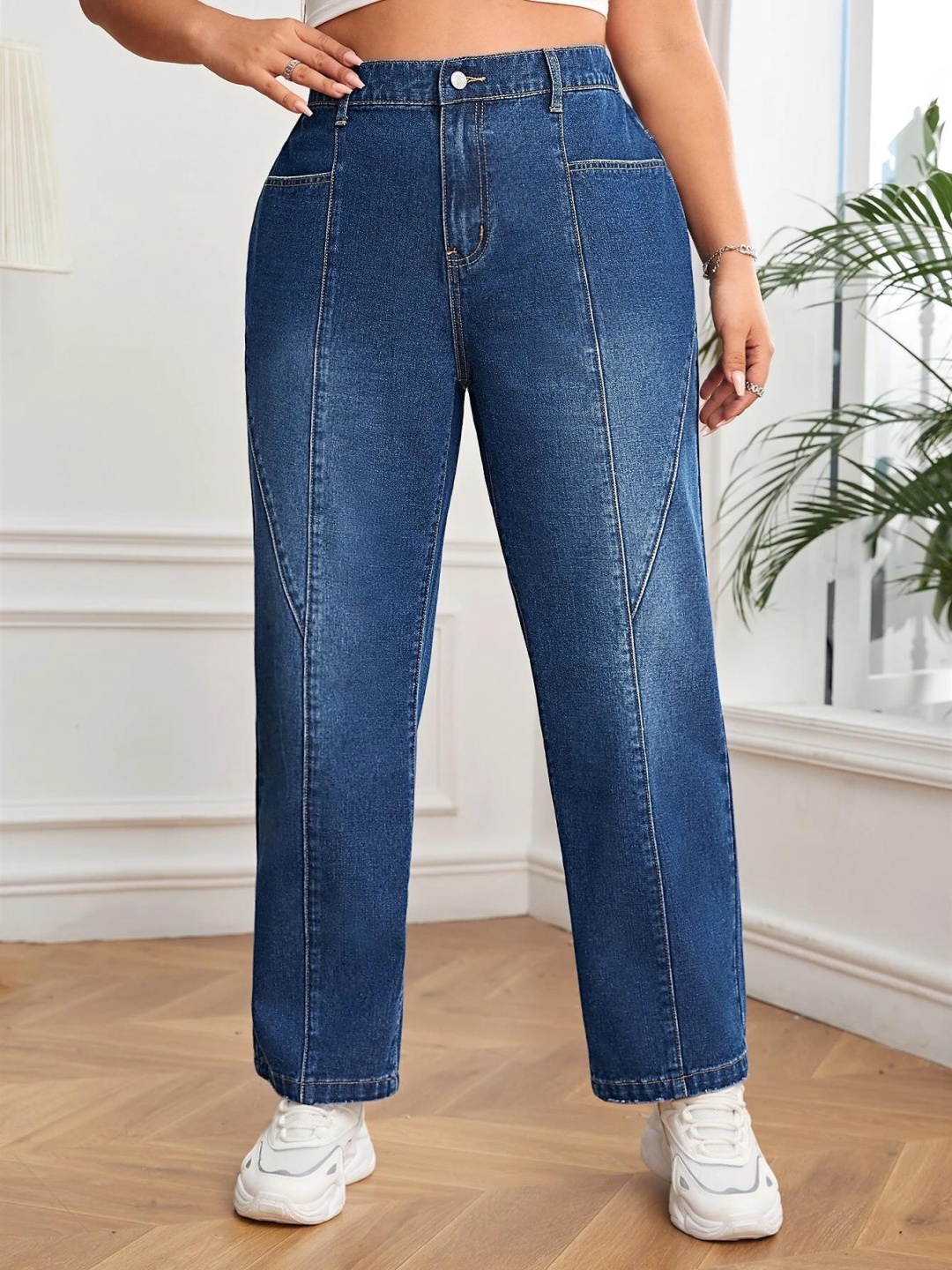 

CURVE BY KOTTY Women Plus Size Wide Leg High-Rise Clean Look Cotton Stretchable Jeans, Blue