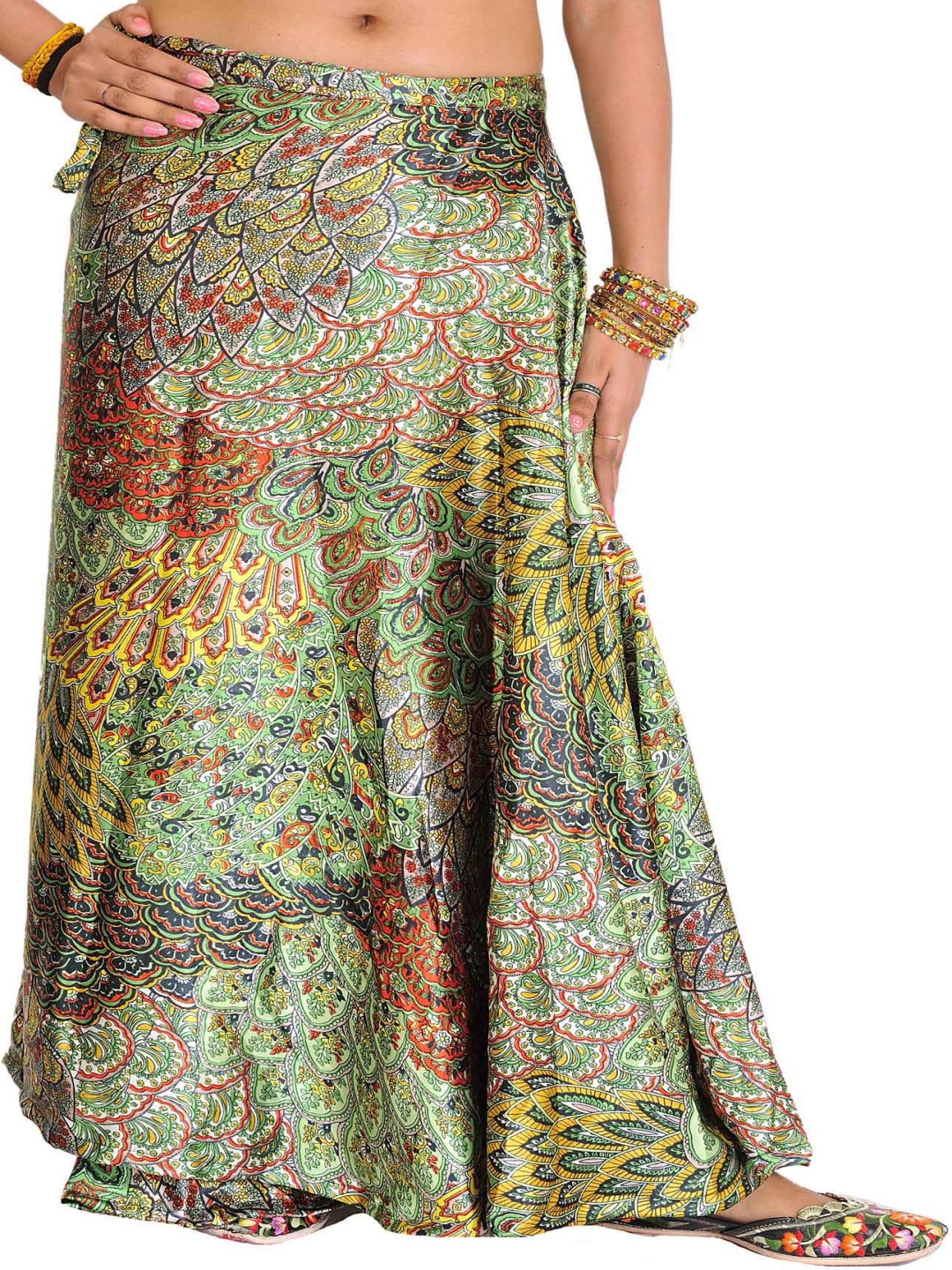 

Exotic India Printed Wrap Maxi Skirts, Green