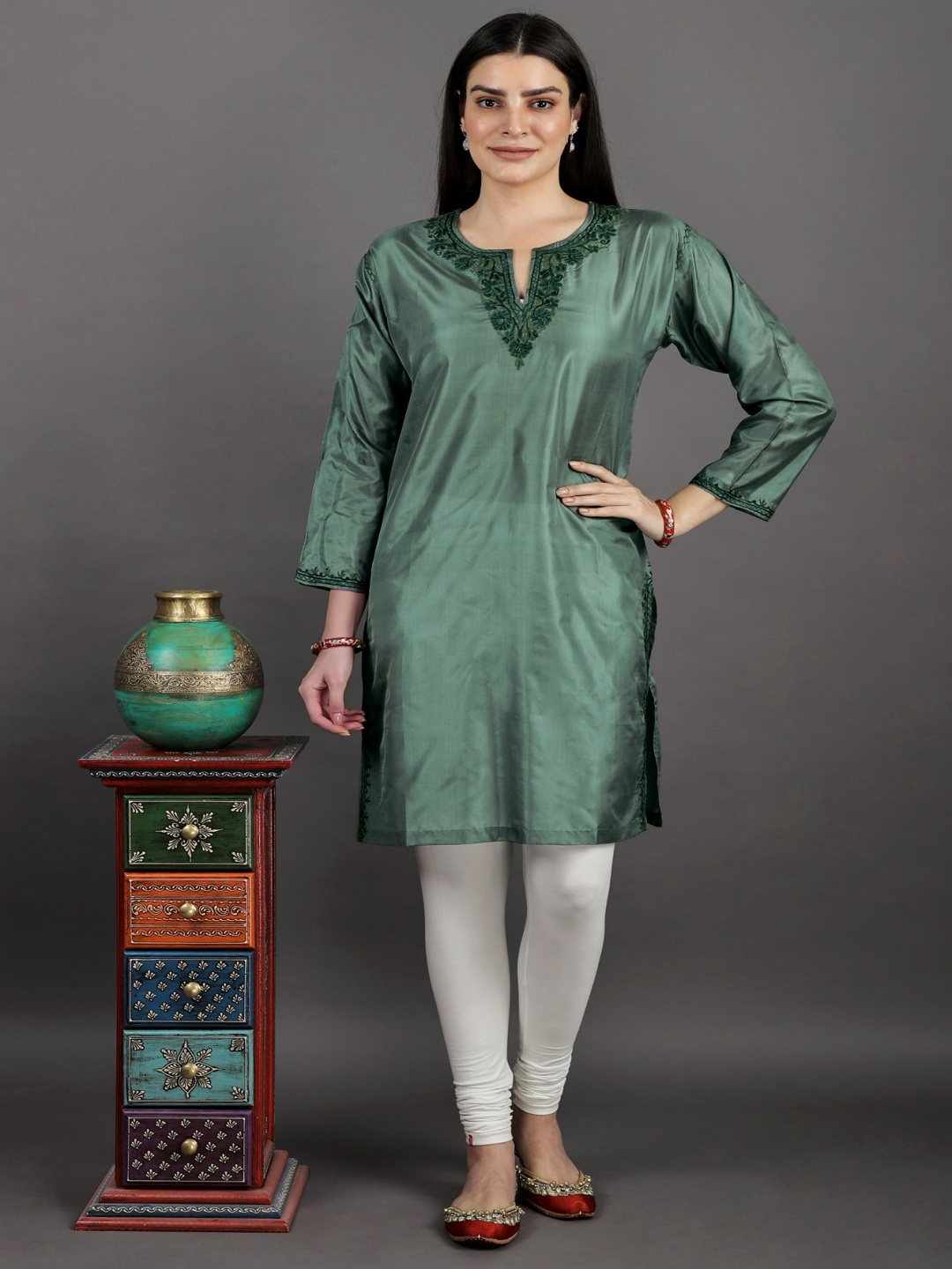 

Exotic India Floral Yoke Design Thread Work Cotton Straight Kurta, Green