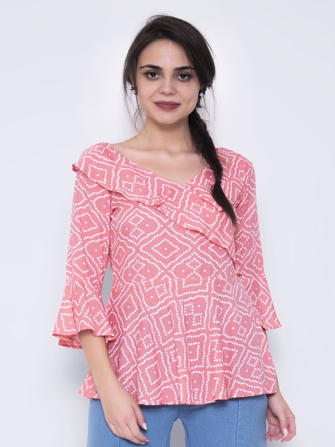 

SEVEN FLOWER Geometric Printed V-Neck Bell Sleeve Top, Pink