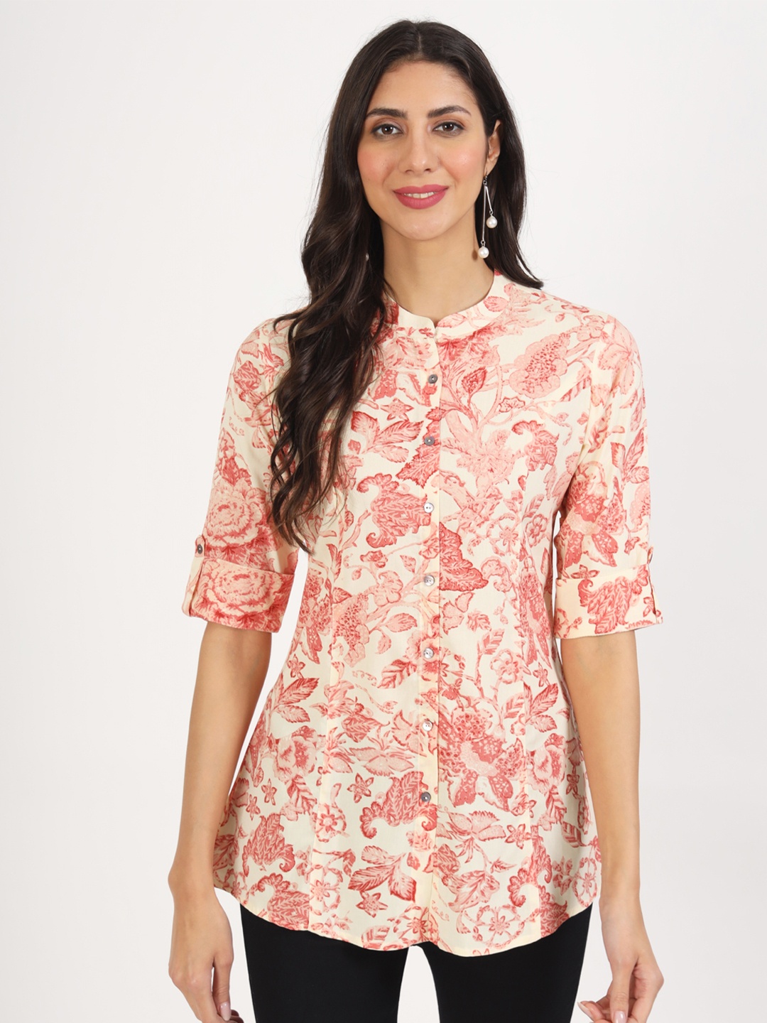 

Divena Floral Print Mandarin Collar Shirt Style Top, Cream