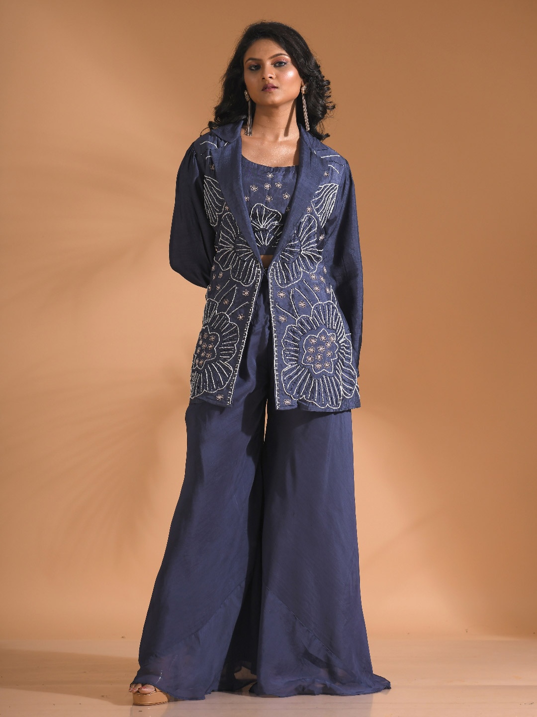 

Morchari Women Embroidered Crop Top With Palazzo & Shrug, Blue