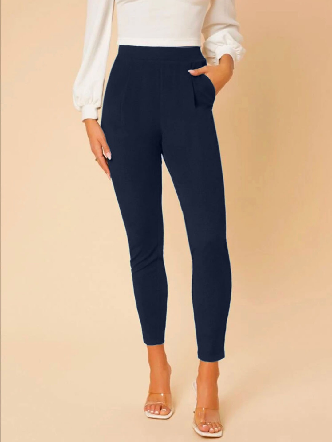 

Dream Beauty Fashion Women Mid-Rise Easy Wash Trousers, Navy blue