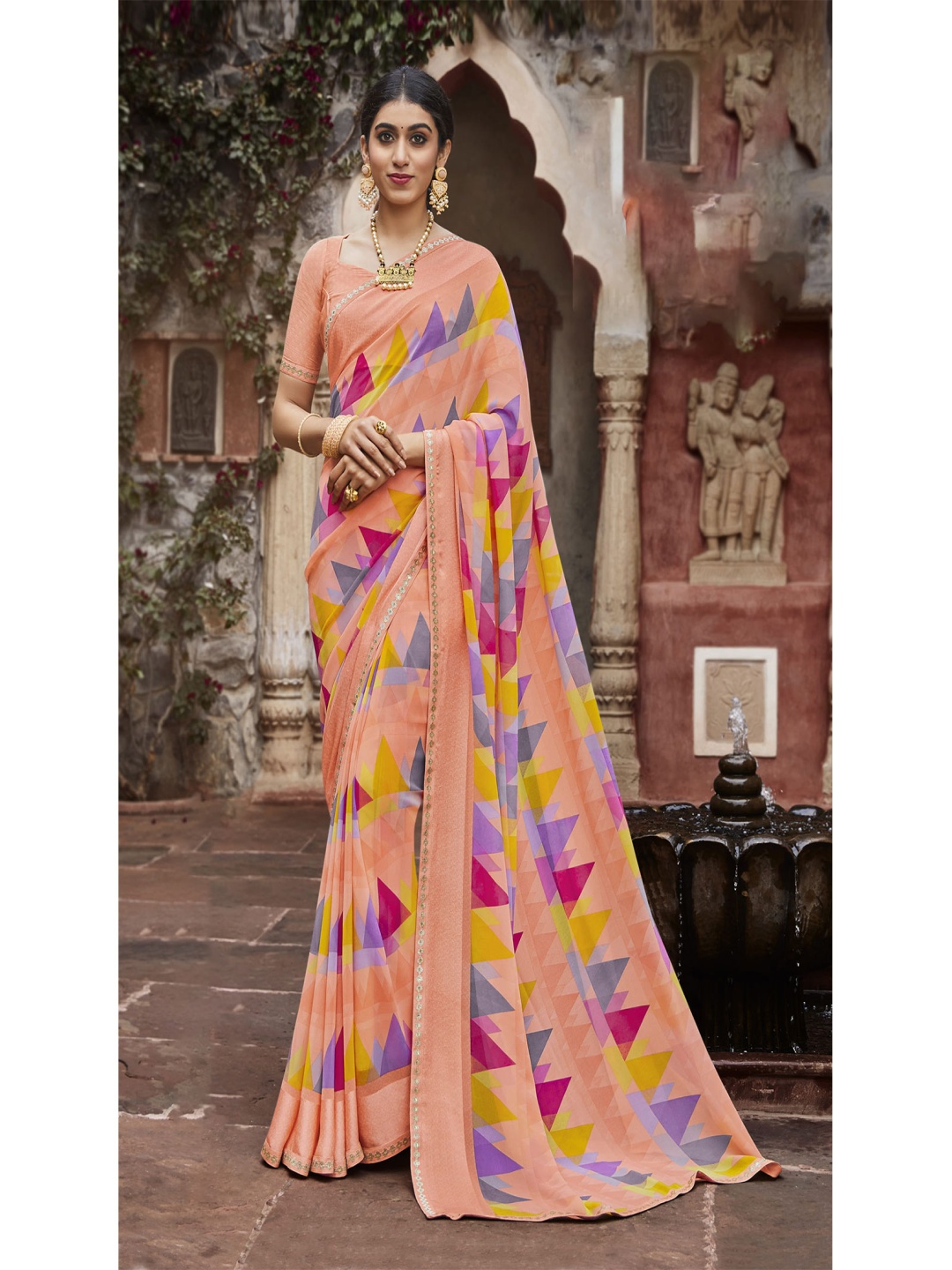 

Laxmipati Sequinned Poly Georgette Saree, Peach