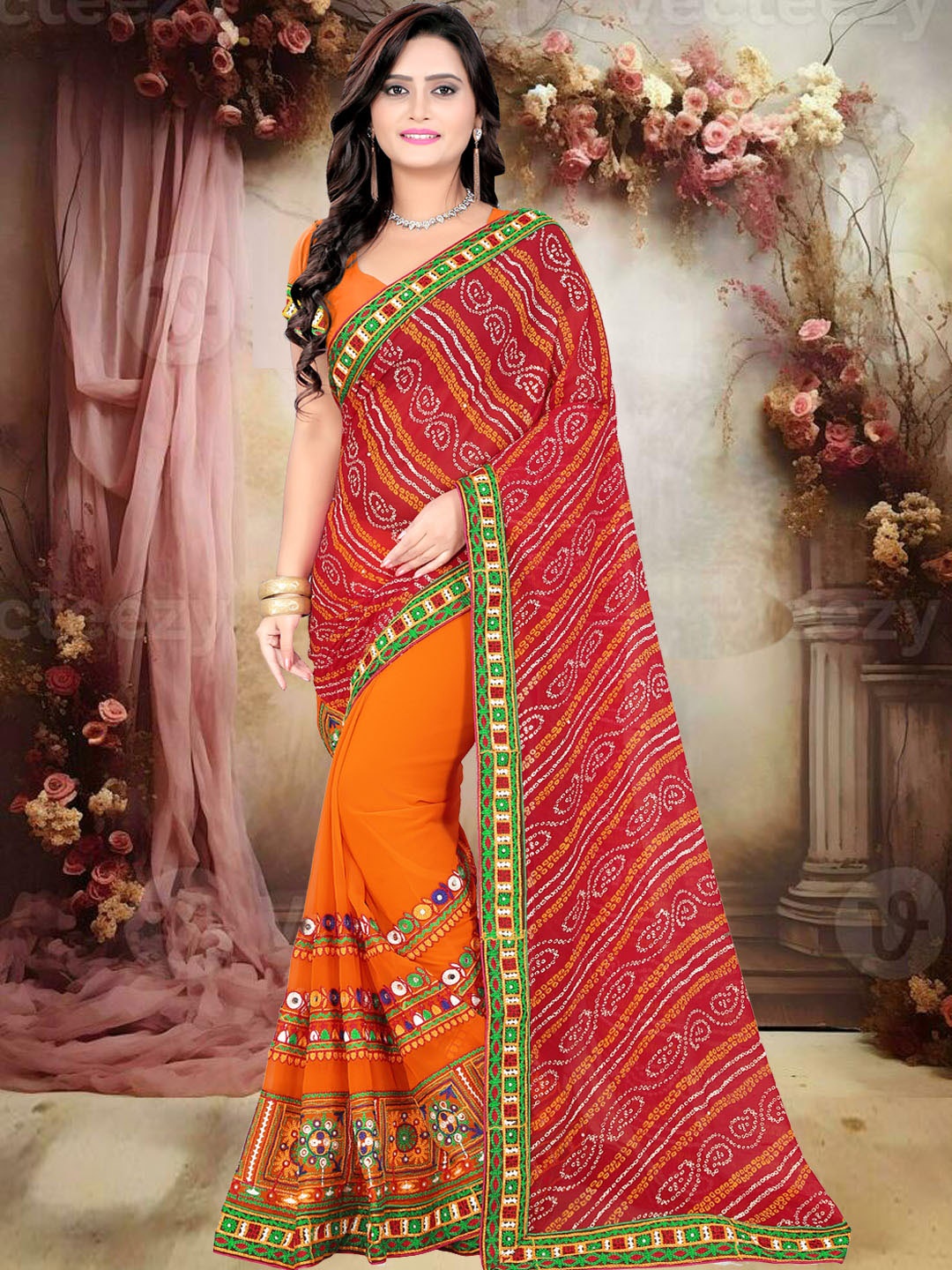 

KAVINDI Bandhani Beads and Stones Pure Georgette Half and Half Bandhani Saree, Red