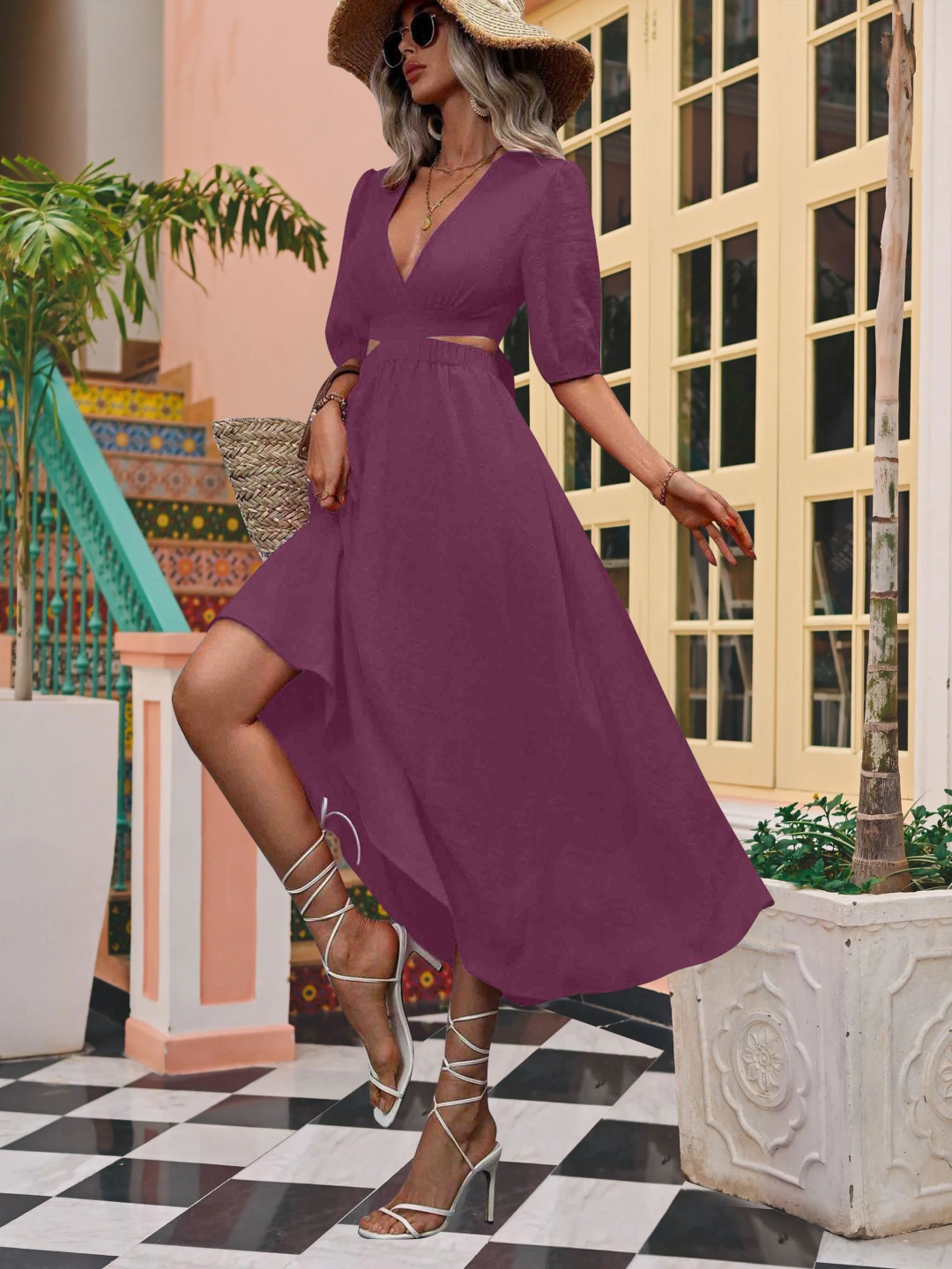 

MISS AYSE Women Solid V-Neck Fit and Flare Midi Dress, Purple