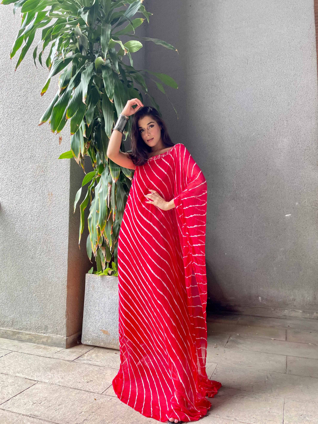 

Chandbaali Leheriya Printed One Shoulder Kaftan Maxi Dress, Red