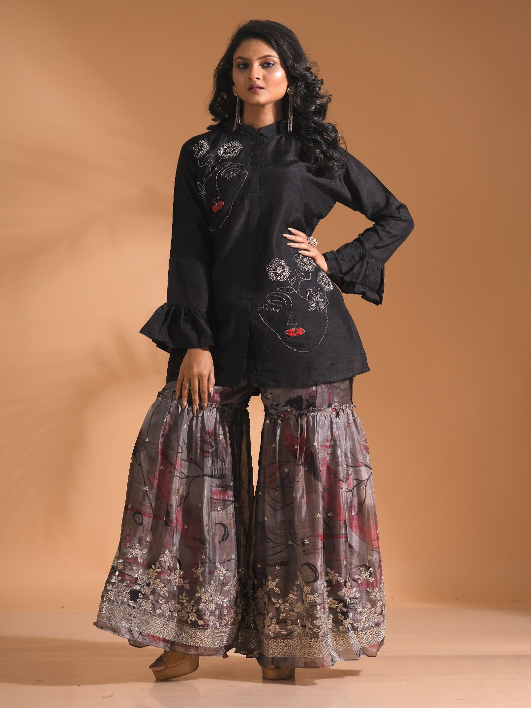 

Morchari Embroidered Kurti With Sharara, Black