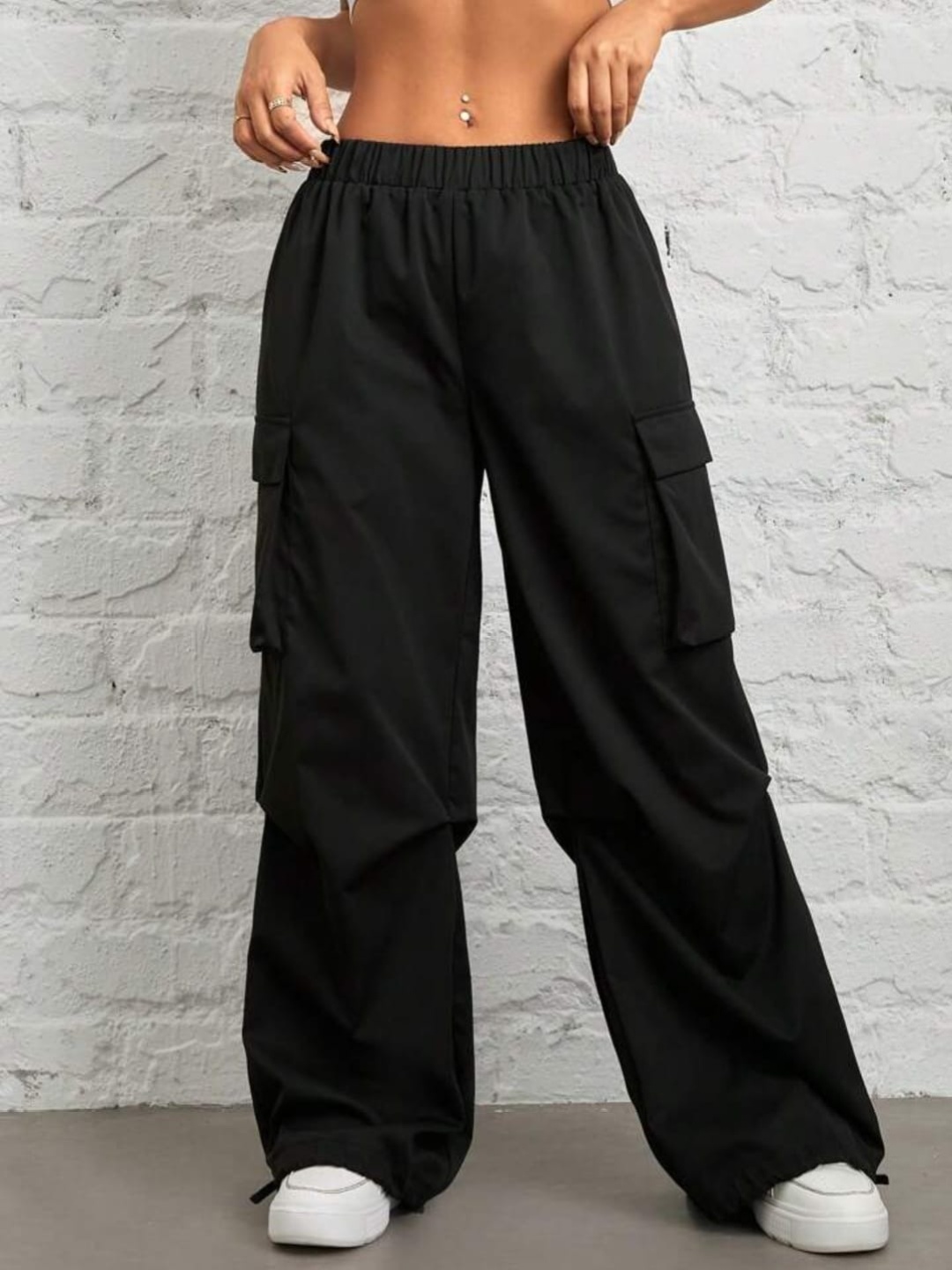 

BROADSTAR Women High-Rise Loose Fit Cargo Track Pants, Black