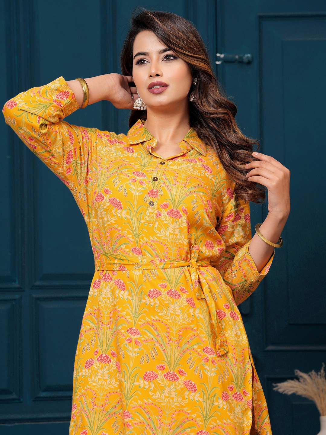 

Indo Era Printed Tunic With Trousers Co-Ords, Mustard