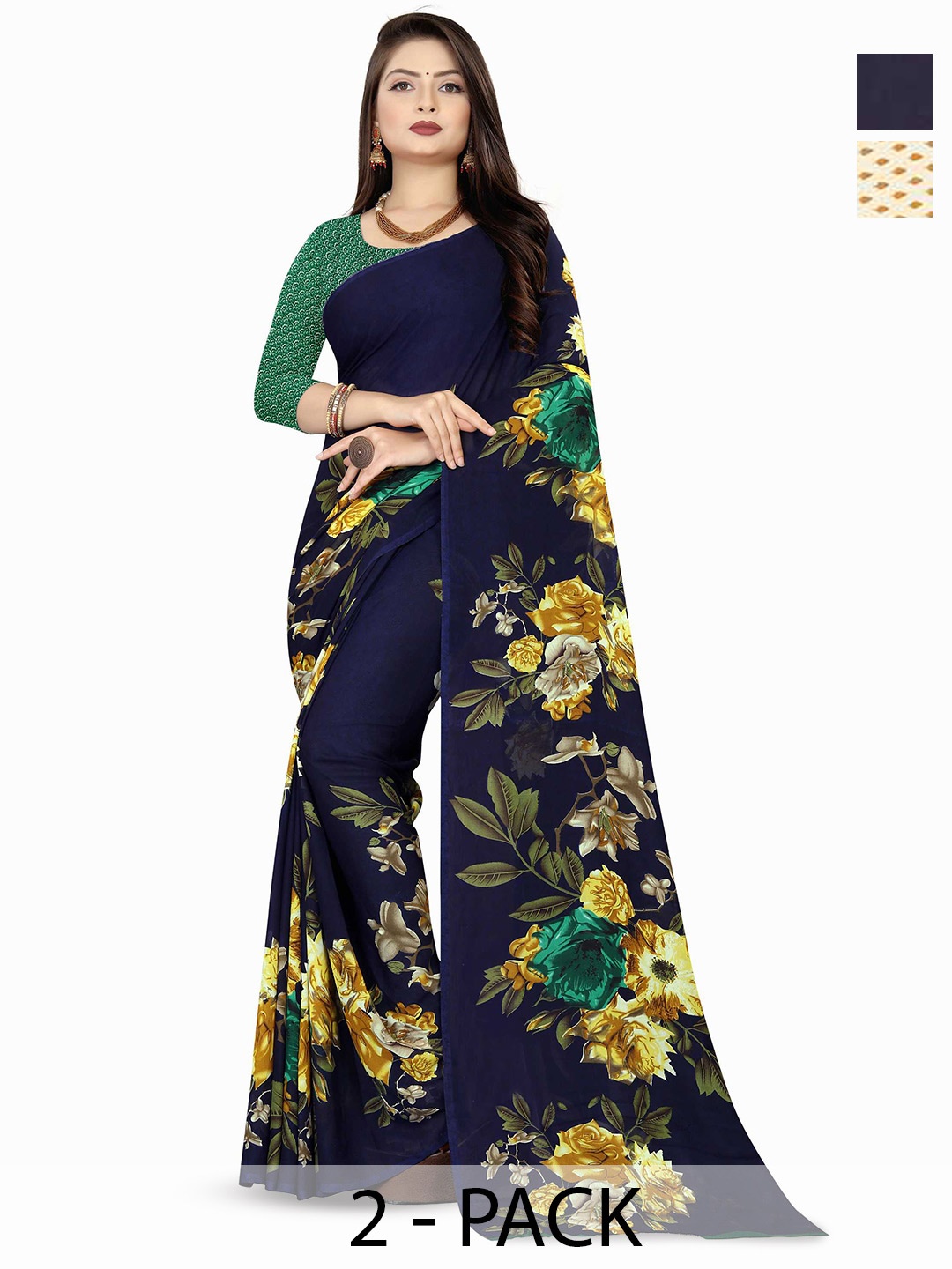 

ANAND SAREES Pack of-2 Floral Saree, Navy blue