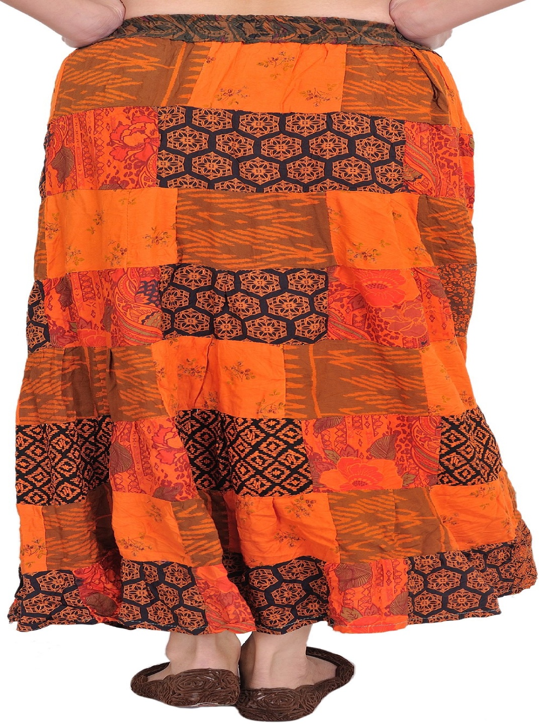 

Exotic India Printed Pure Cotton Flared Maxi Skirt, Orange