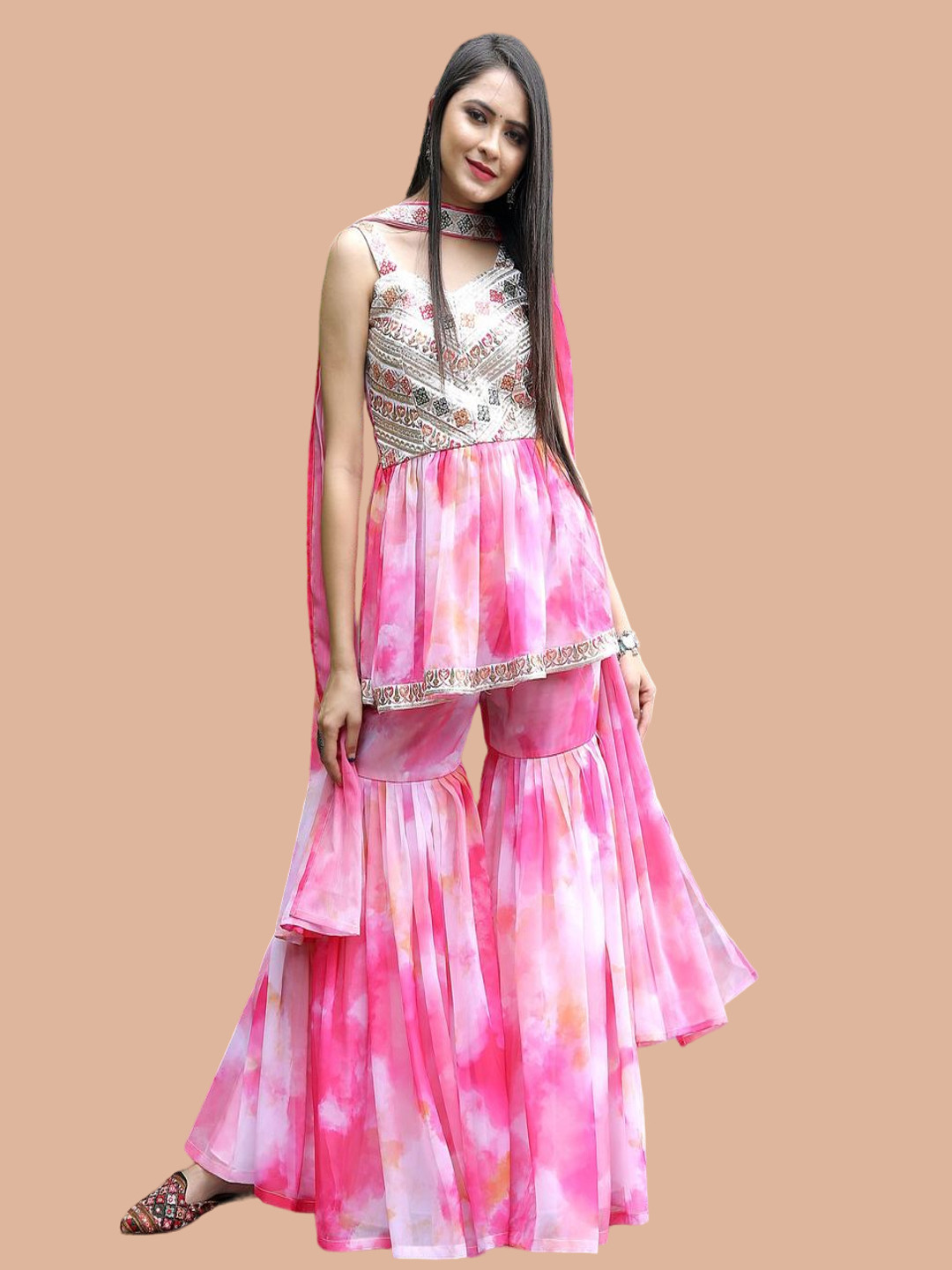 

Fashion Basket Printed Empire Thread Work Anarkali Kurta With Sharara & Dupatta, Pink