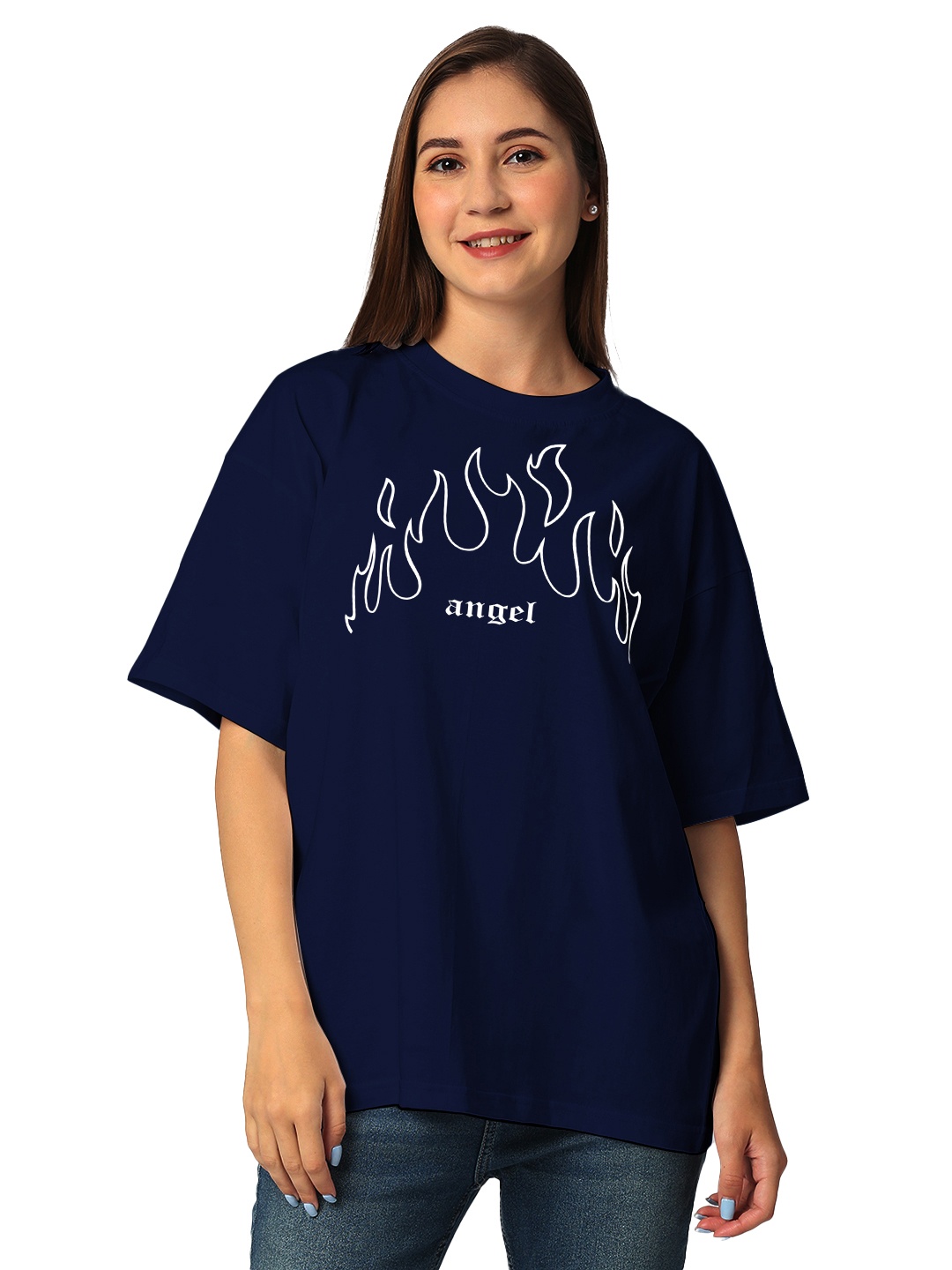 

STATUS MANTRA Women Typography Printed Bio Finish Pockets T-shirt, Navy blue