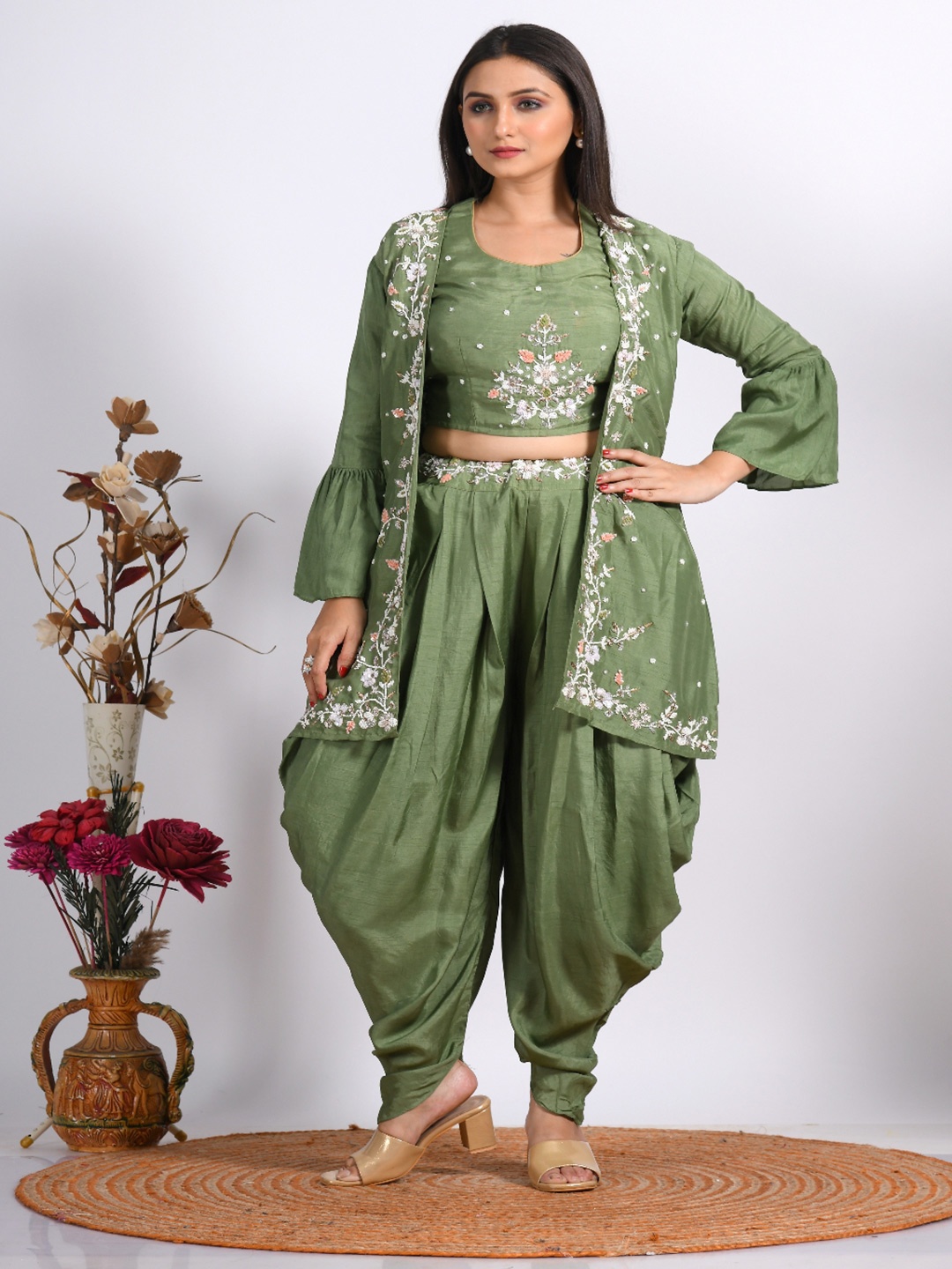 

Morchari Embroidered Round-Neck Top With Dhoti & Embroidered Jacket Co-Ords, Green