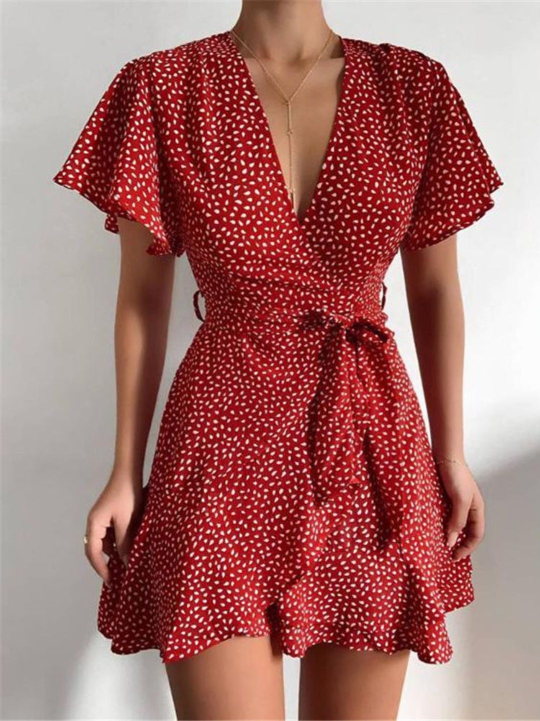 

4WRD by Dressberry Polka Dot Print Flared Sleeve wrap Dress, Red