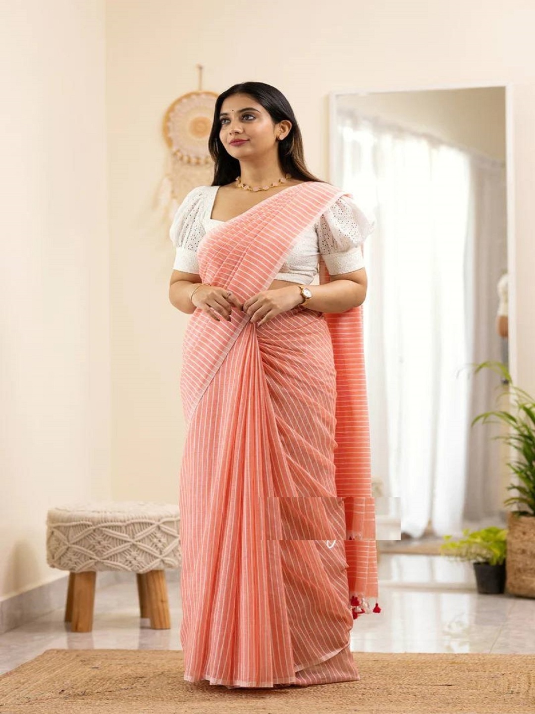 

LADY SHOPI Striped Pure Cotton Saree, Peach