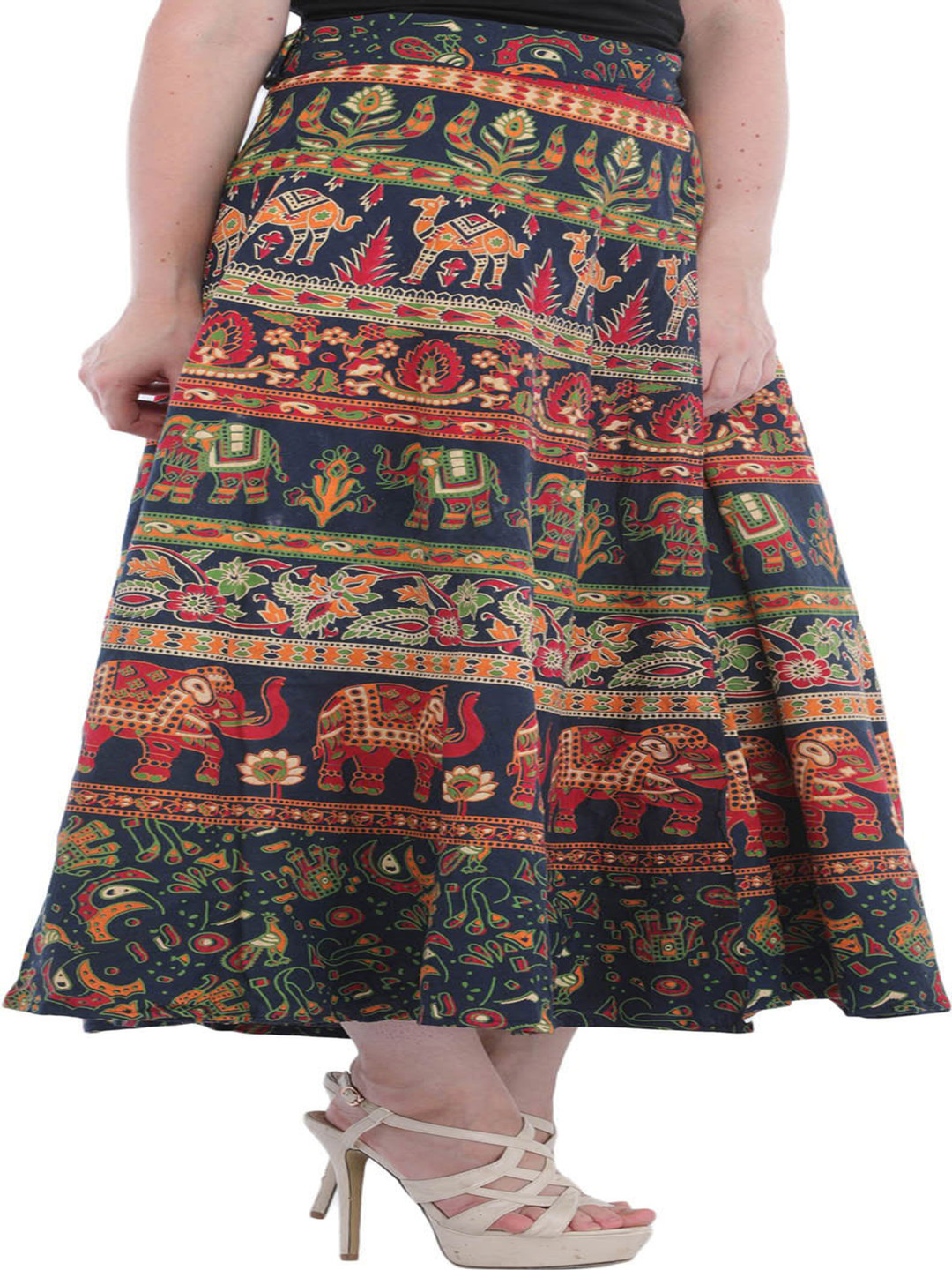 

Exotic India Printed Pure Cotton Wrap-Around Maxi Skirt, Blue