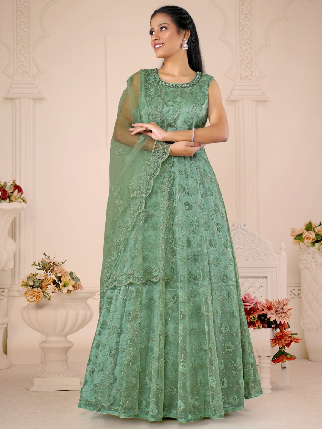 

ODETTE Embroidered Net Gown With Embroidered Dupatta, Green
