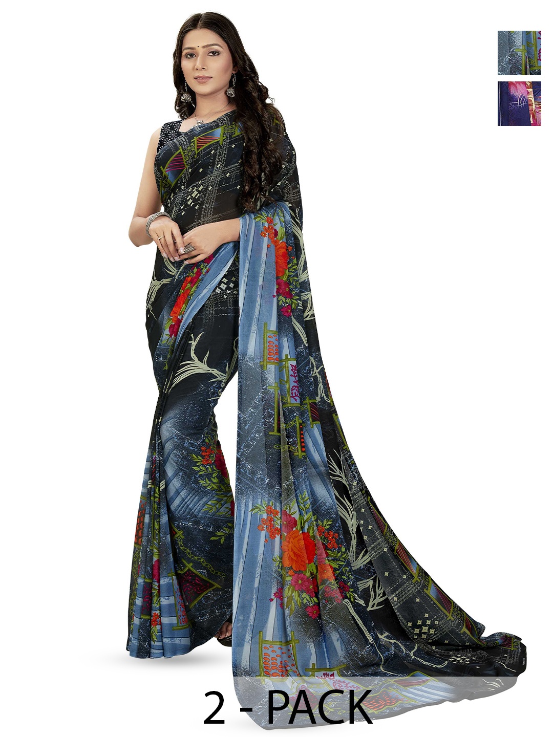 

ANAND SAREES Pack of-2 Floral Saree, Blue