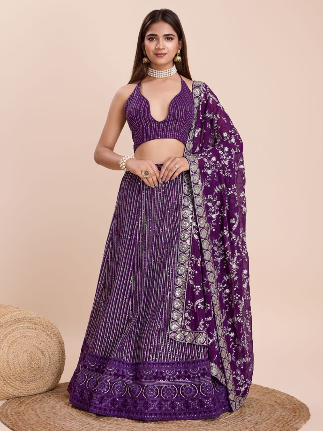 

ASISA Embroidered Thread Work Semi-Stitched Lehenga & Blouse With Dupatta, Purple
